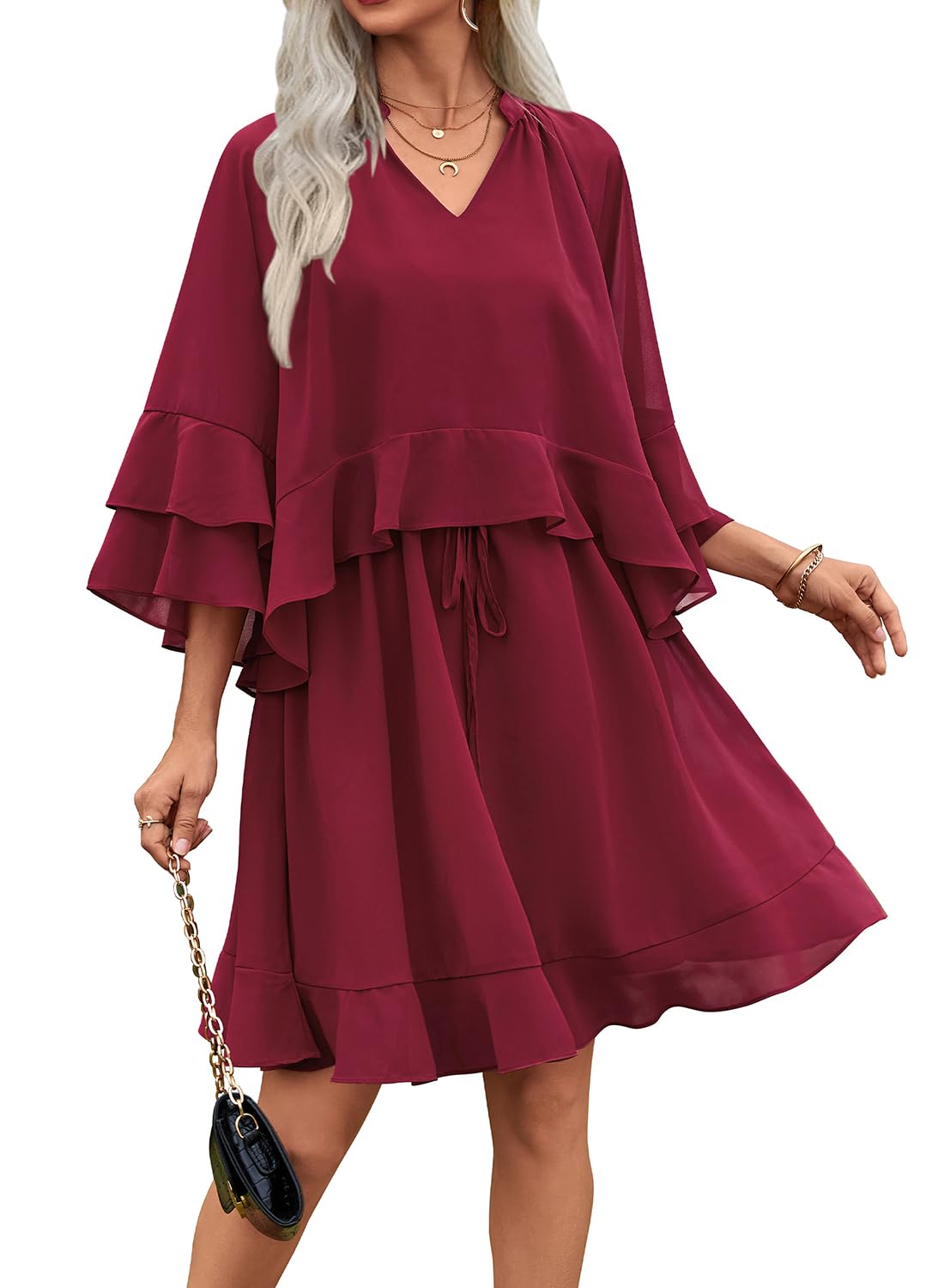 Foto 2 pulgar | Vestido Ecowish Para Mujer, Manga Acampanada 3/4, Verano 2025, Cuello En V, Rojo - Venta Internacional.