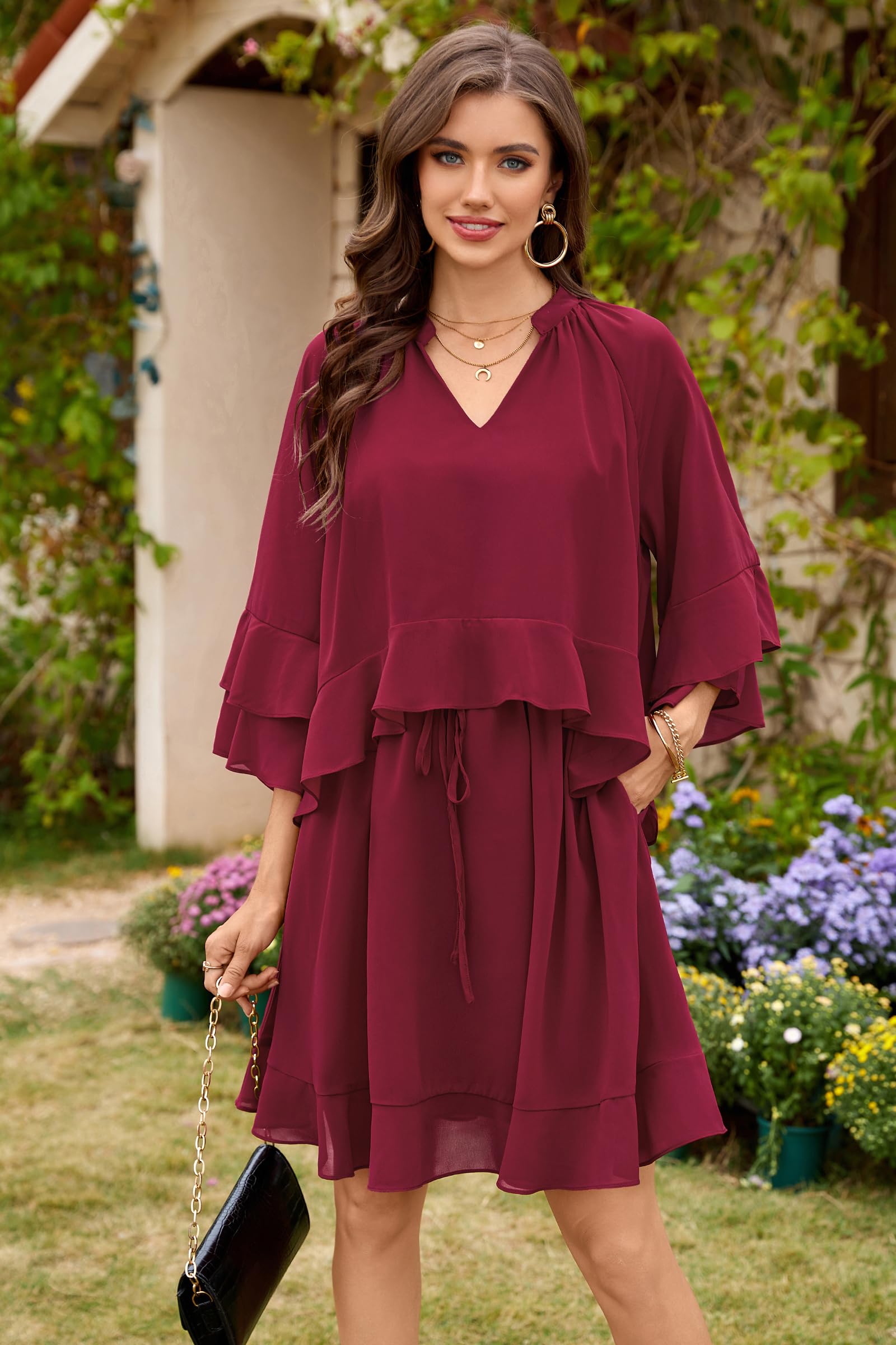 Foto 2 | Vestido Ecowish Para Mujer, Manga Acampanada 3/4, Verano 2025, Cuello En V, Rojo - Venta Internacional.