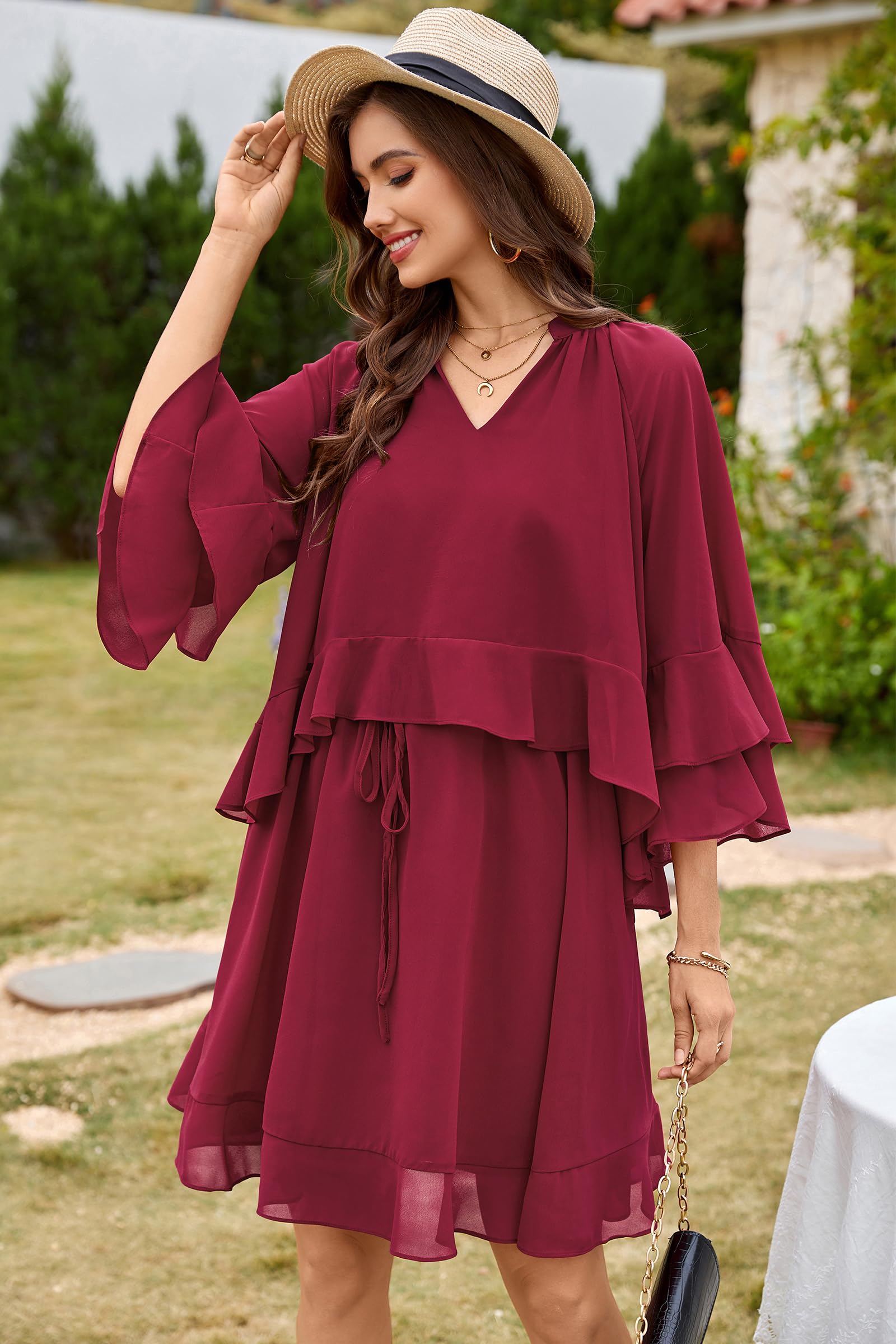 Foto 4 pulgar | Vestido Ecowish Para Mujer, Manga Acampanada 3/4, Verano 2025, Cuello En V, Rojo - Venta Internacional.