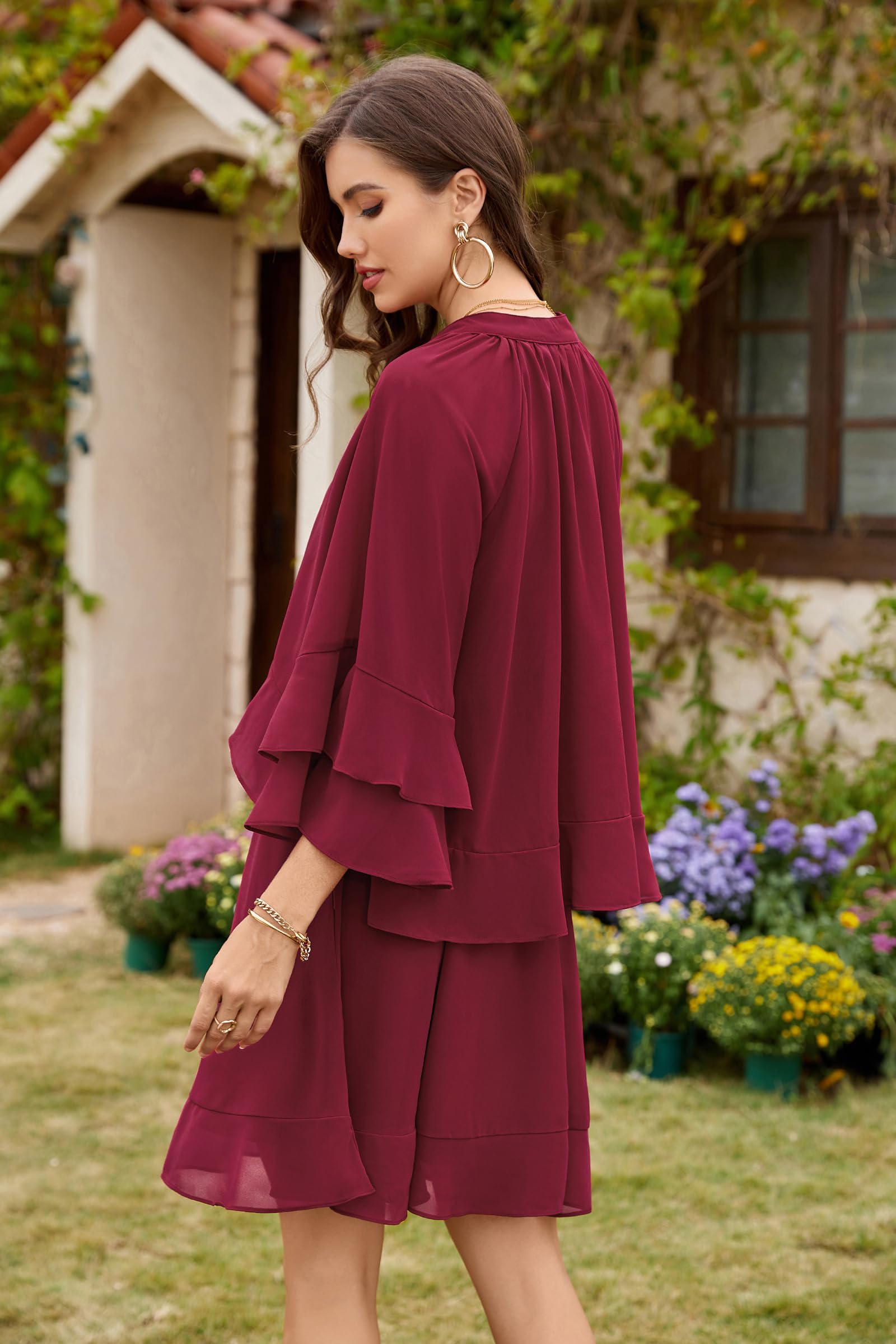 Foto 5 pulgar | Vestido Ecowish Para Mujer, Manga Acampanada 3/4, Verano 2025, Cuello En V, Rojo - Venta Internacional.