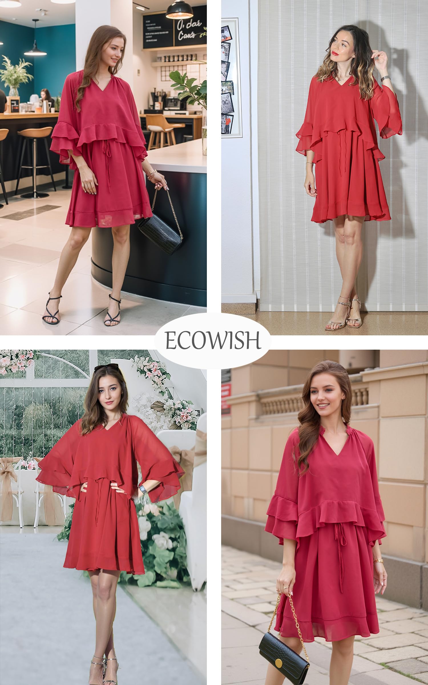 Foto 6 pulgar | Vestido Ecowish Para Mujer, Manga Acampanada 3/4, Verano 2025, Cuello En V, Rojo - Venta Internacional.