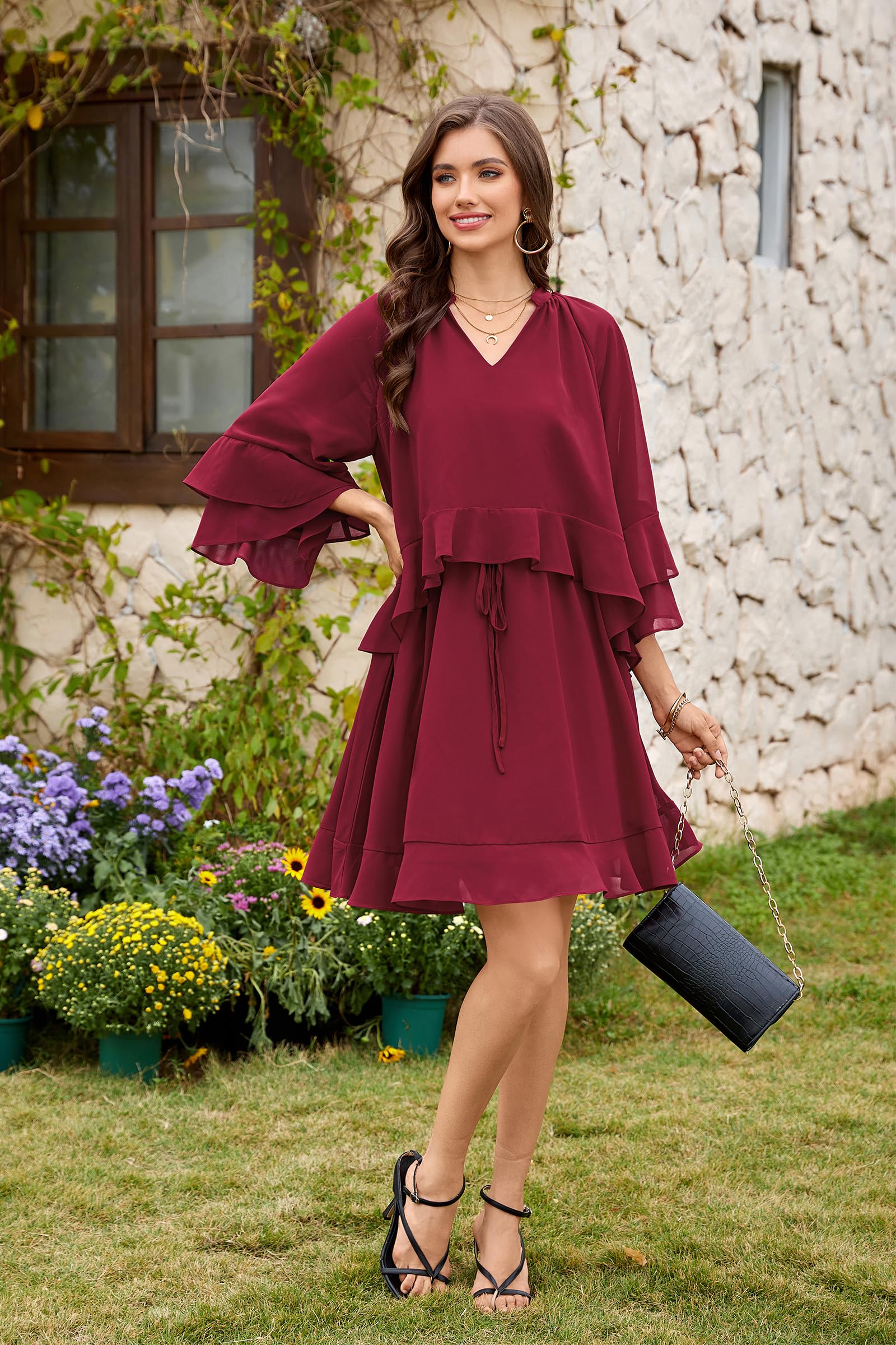 Foto 8 pulgar | Vestido Ecowish Para Mujer, Manga Acampanada 3/4, Verano 2025, Cuello En V, Rojo - Venta Internacional.