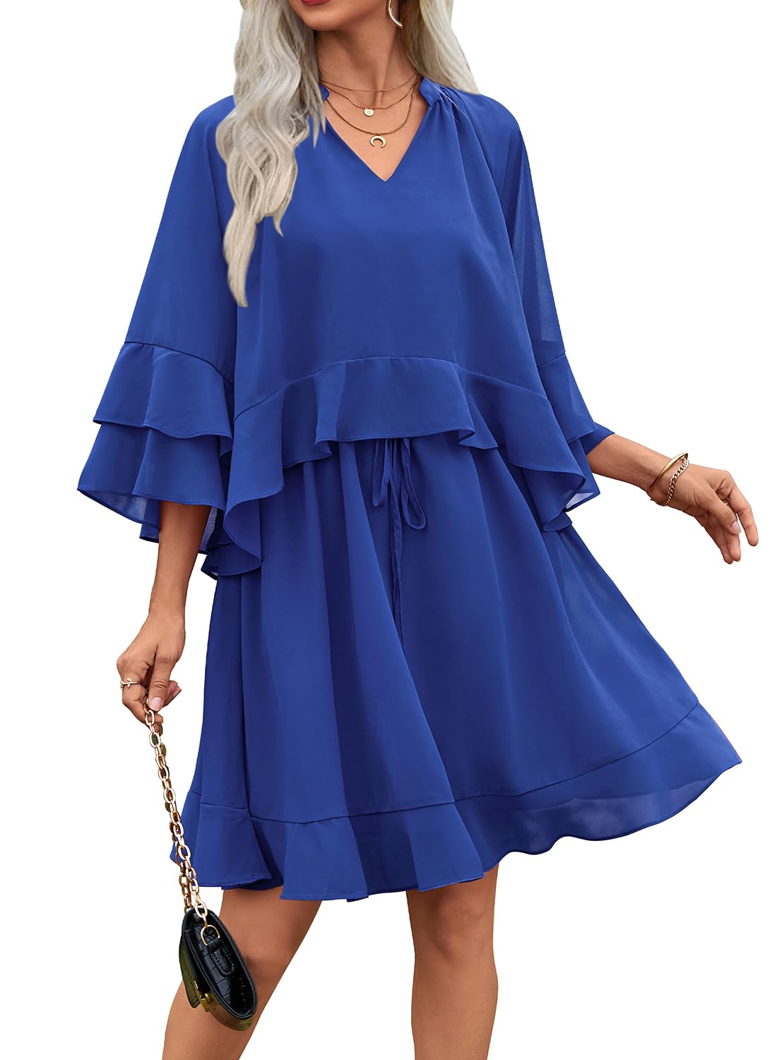Foto 2 pulgar | Vestido Ecowish Manga Acampanada 3/4 Cuello V Azul - Venta Internacional