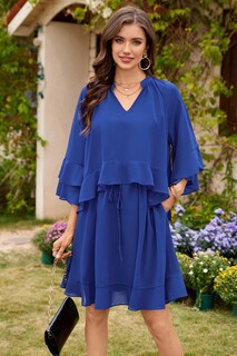 Foto 2 | Vestido Ecowish Manga Acampanada 3/4 Cuello V Azul - Venta Internacional