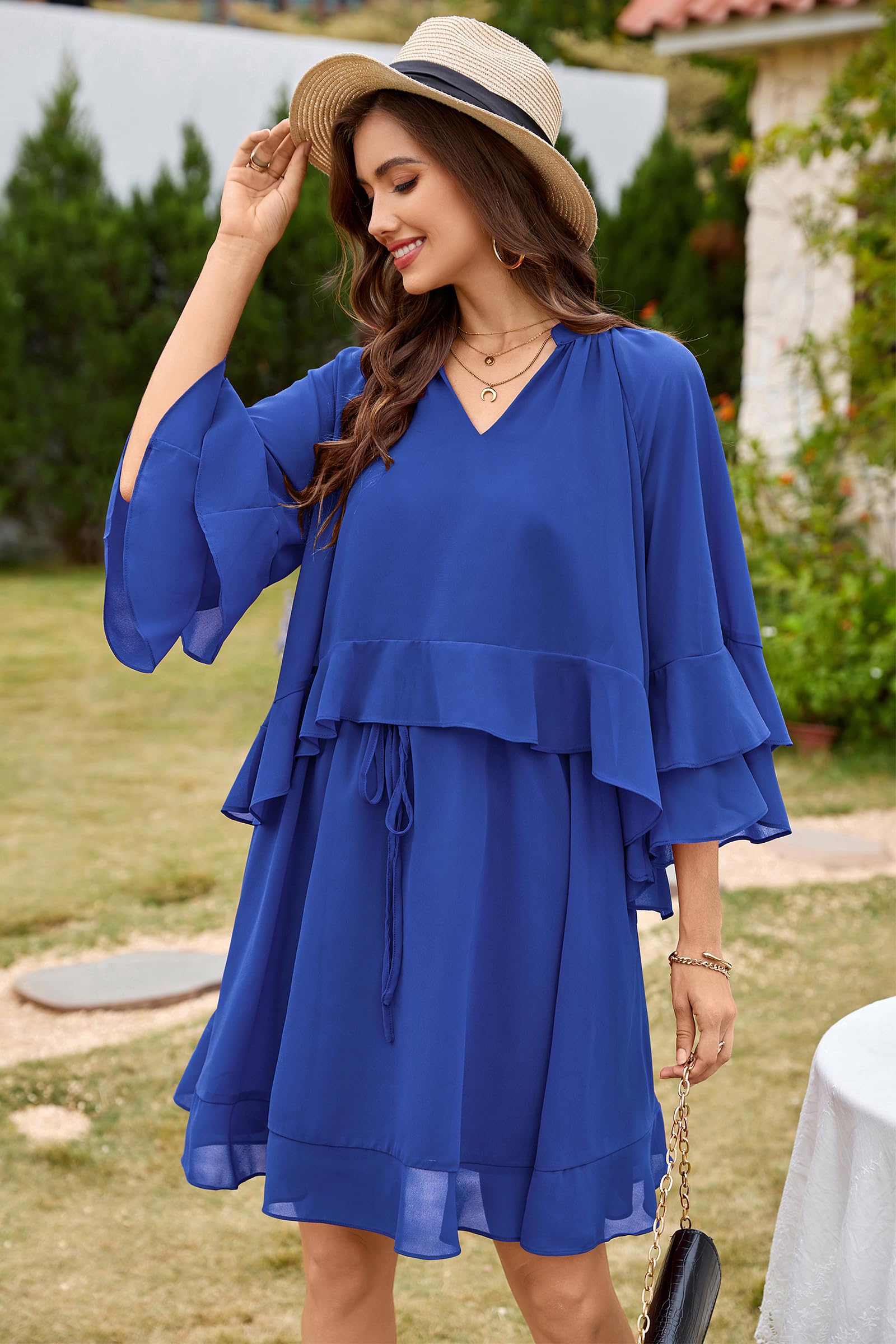 Foto 4 pulgar | Vestido Ecowish Manga Acampanada 3/4 Cuello V Azul - Venta Internacional