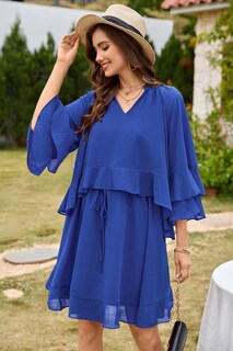 Foto 3 | Vestido Ecowish Manga Acampanada 3/4 Cuello V Azul - Venta Internacional