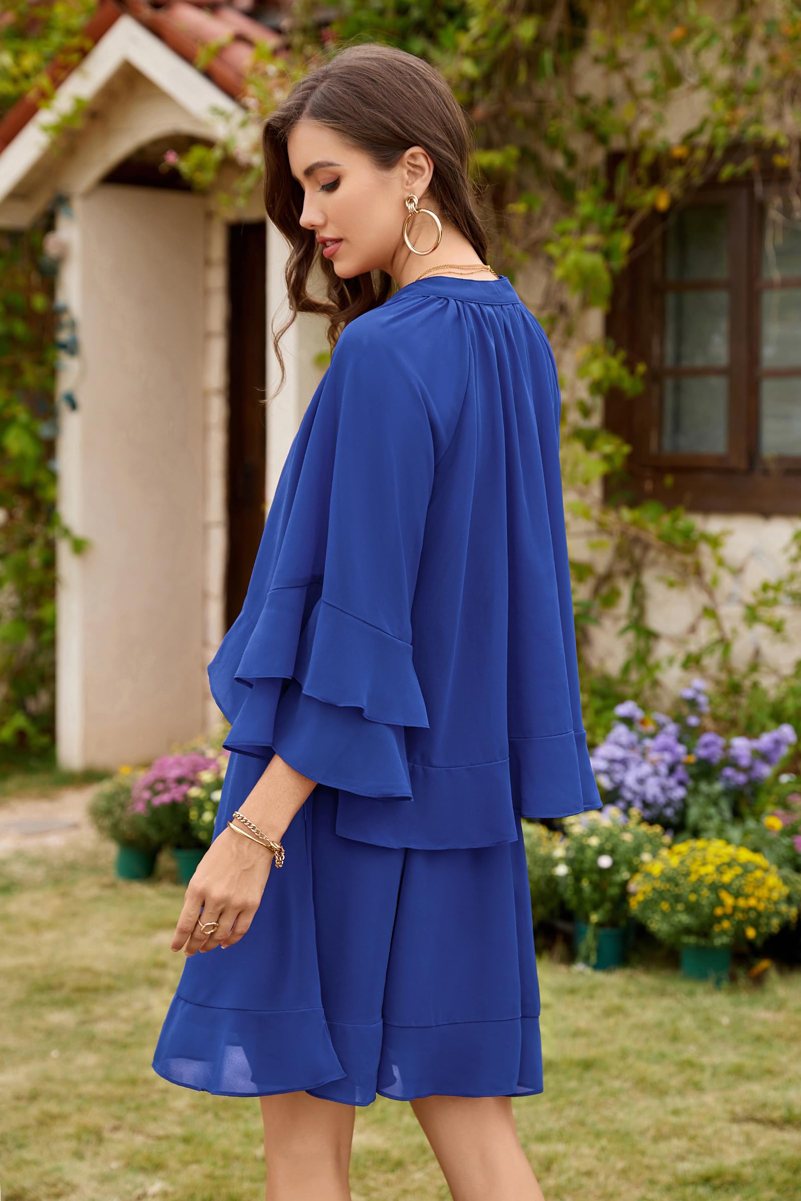 Foto 5 pulgar | Vestido Ecowish Manga Acampanada 3/4 Cuello V Azul - Venta Internacional