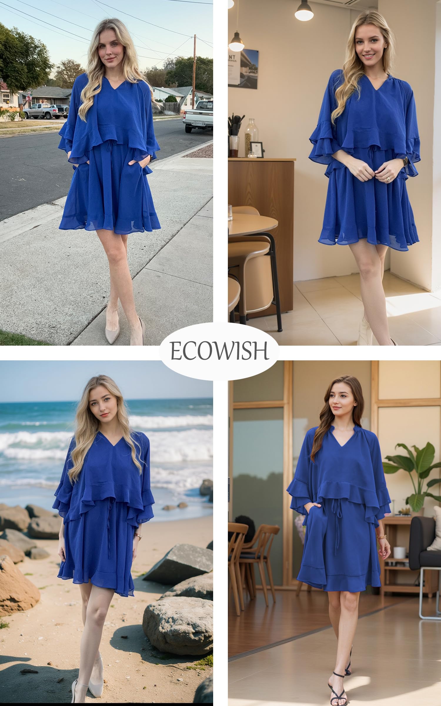 Foto 6 pulgar | Vestido Ecowish Manga Acampanada 3/4 Cuello V Azul - Venta Internacional