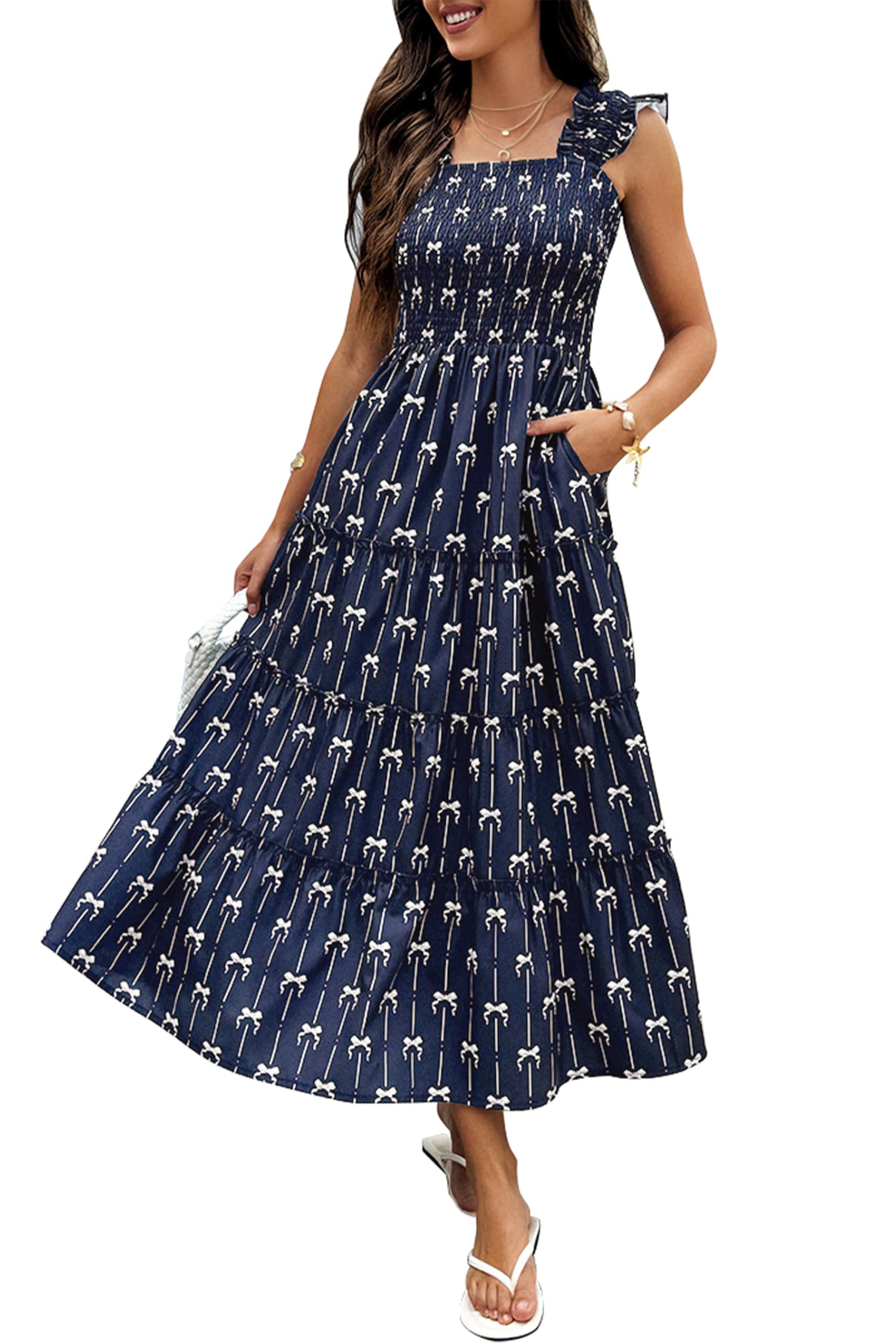 Vestido Largo Ecowish sin Mangas Cuello Cuadrado Azul Marino para Mujer - Venta Internacional