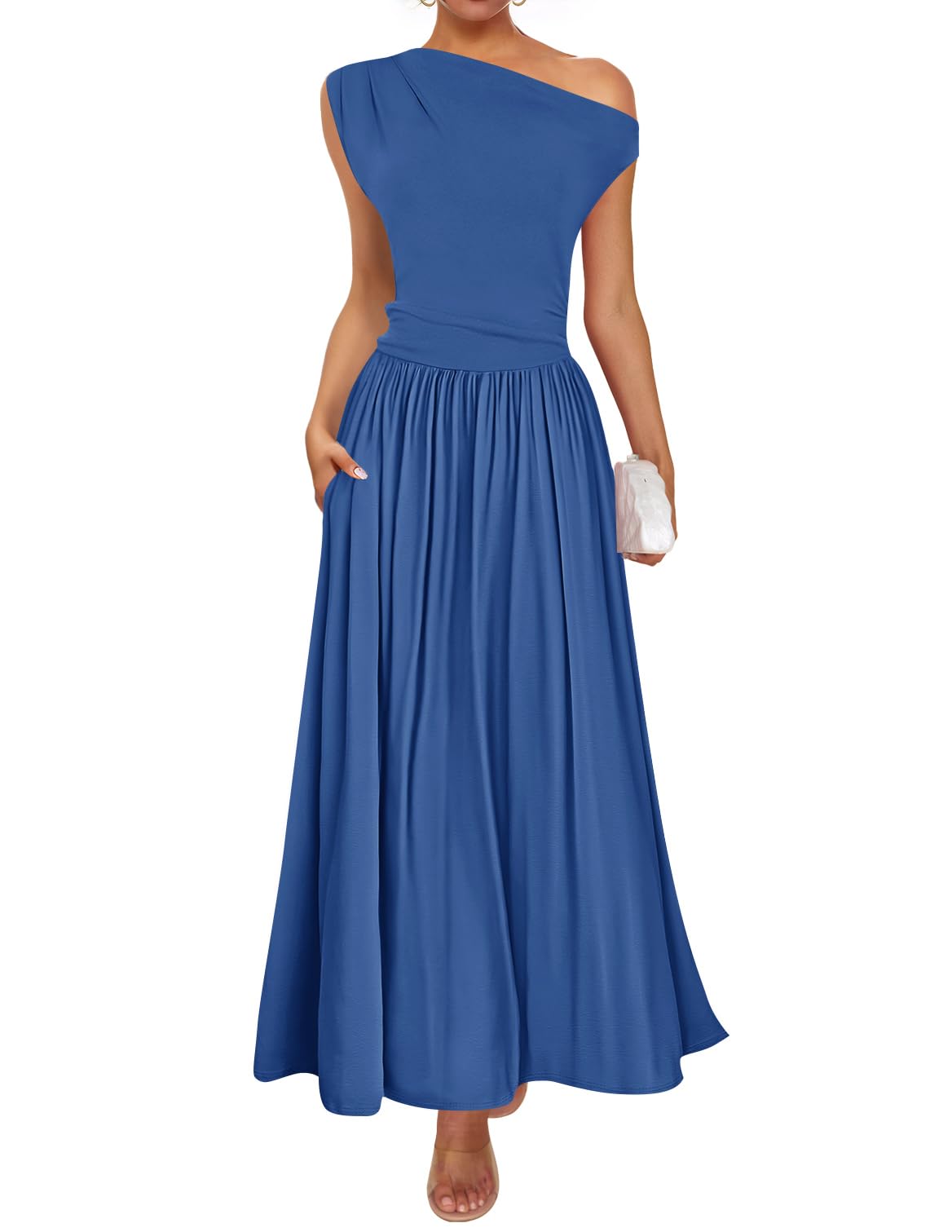 Foto 2 pulgar | Vestido Largo Zesica Summer 2025 Con Un Solo Hombro Azul Para Mujer - Venta Internacional.