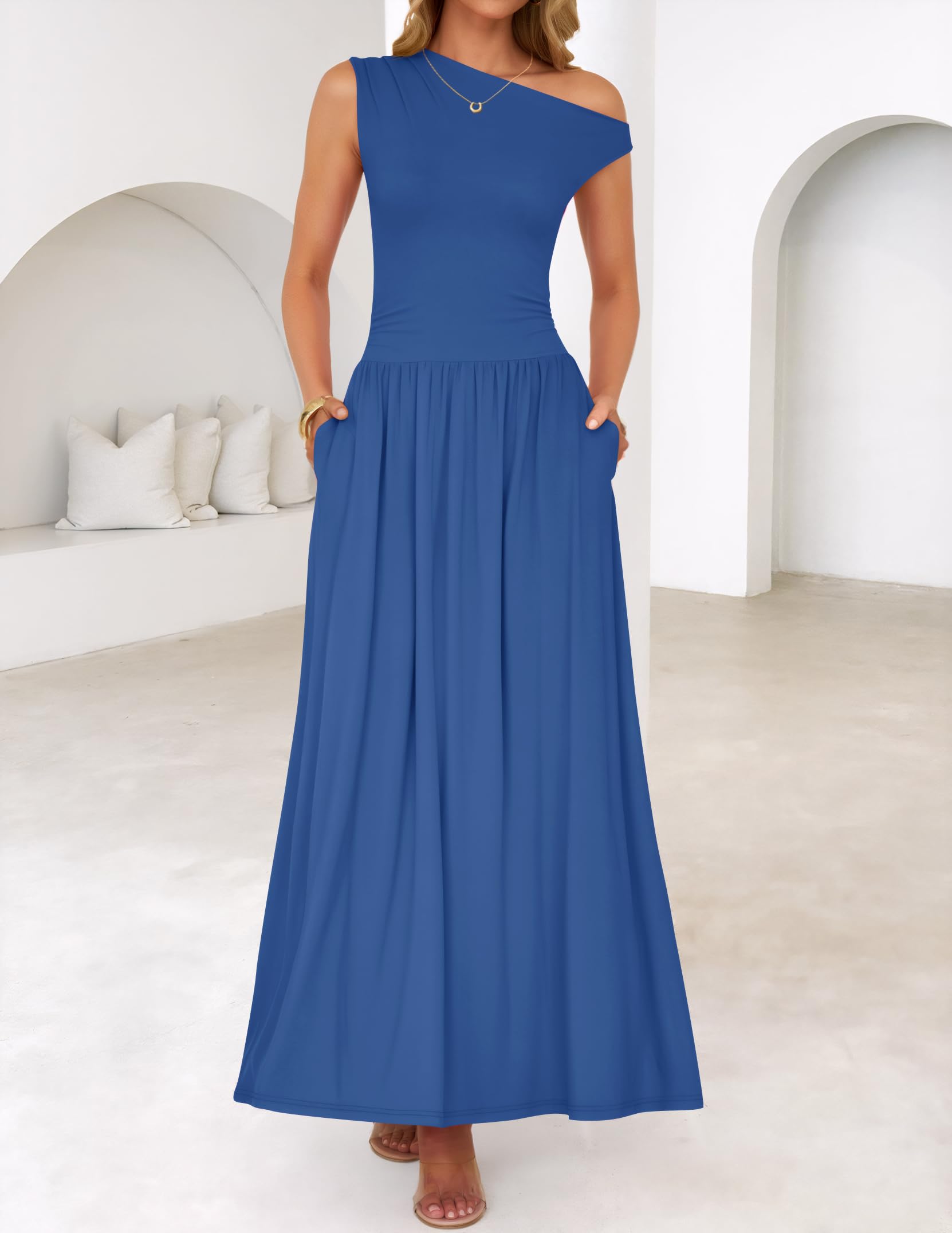 Foto 3 pulgar | Vestido Largo Zesica Summer 2025 Con Un Solo Hombro Azul Para Mujer - Venta Internacional.