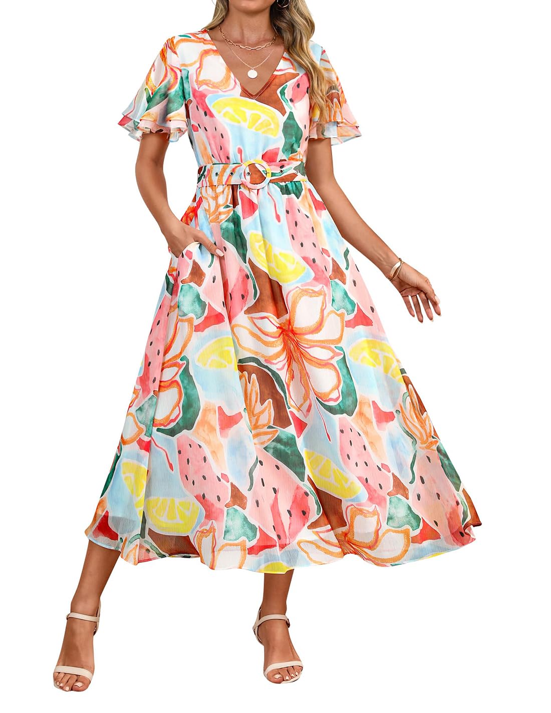 Foto 2 pulgar | Vestido Midi Zesica 2025 Con Estampado Floral De Verano, Cuello En V Y Cinturón Para Mujer - Venta Internacional.