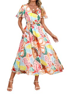 Foto 1 | Vestido Midi Zesica 2025 Con Estampado Floral De Verano, Cuello En V Y Cinturón Para Mujer - Venta Internacional.