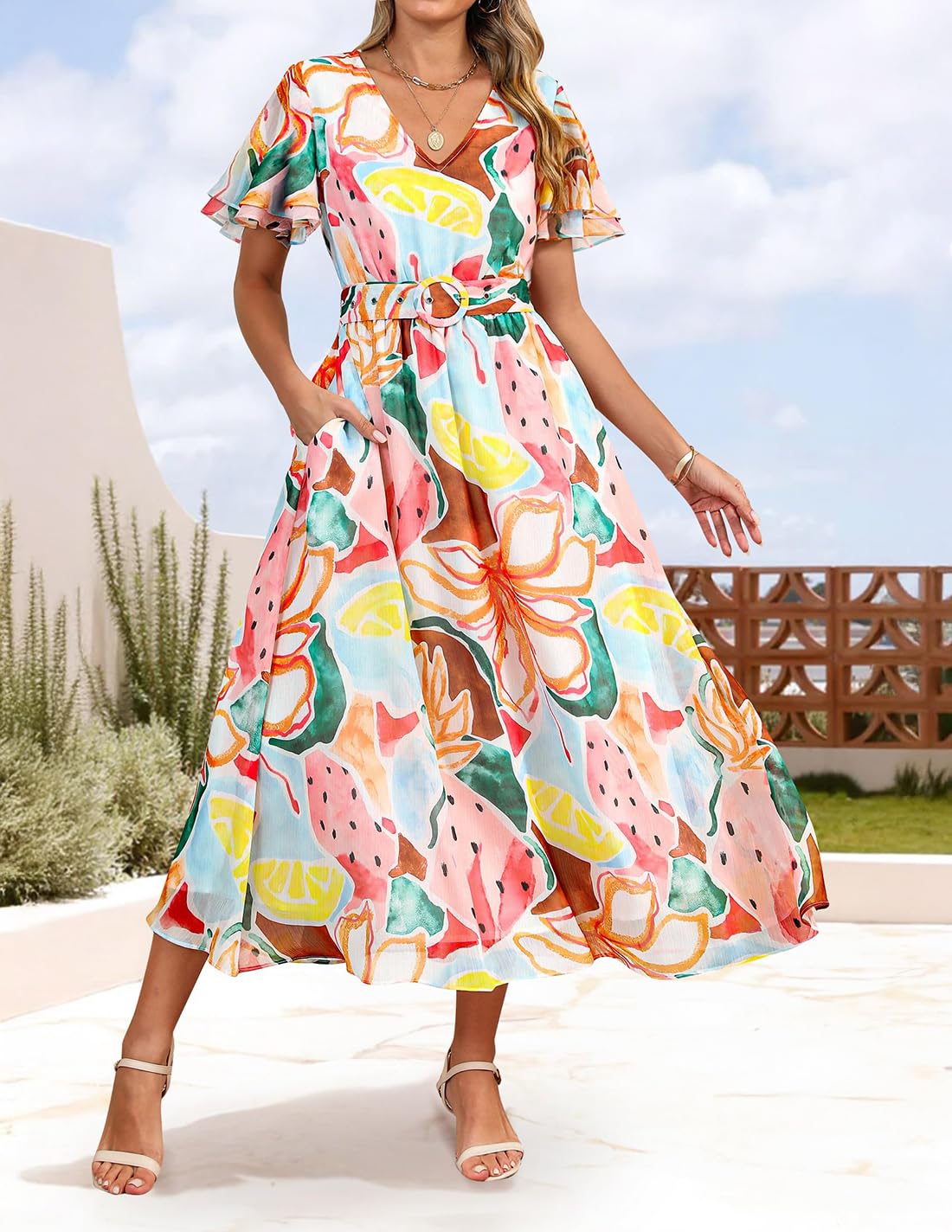 Foto 3 pulgar | Vestido Midi Zesica 2025 Con Estampado Floral De Verano, Cuello En V Y Cinturón Para Mujer - Venta Internacional.