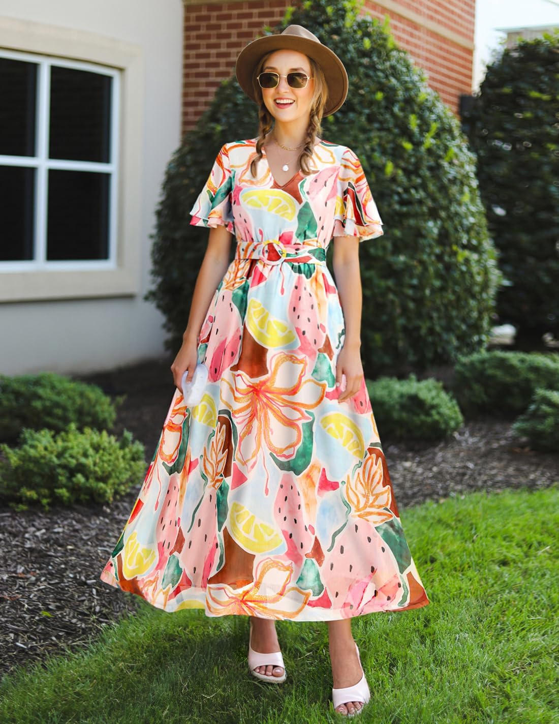 Foto 6 pulgar | Vestido Midi Zesica 2025 Con Estampado Floral De Verano, Cuello En V Y Cinturón Para Mujer - Venta Internacional.