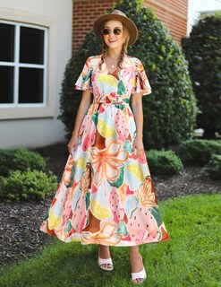 Foto 5 | Vestido Midi Zesica 2025 Con Estampado Floral De Verano, Cuello En V Y Cinturón Para Mujer - Venta Internacional.