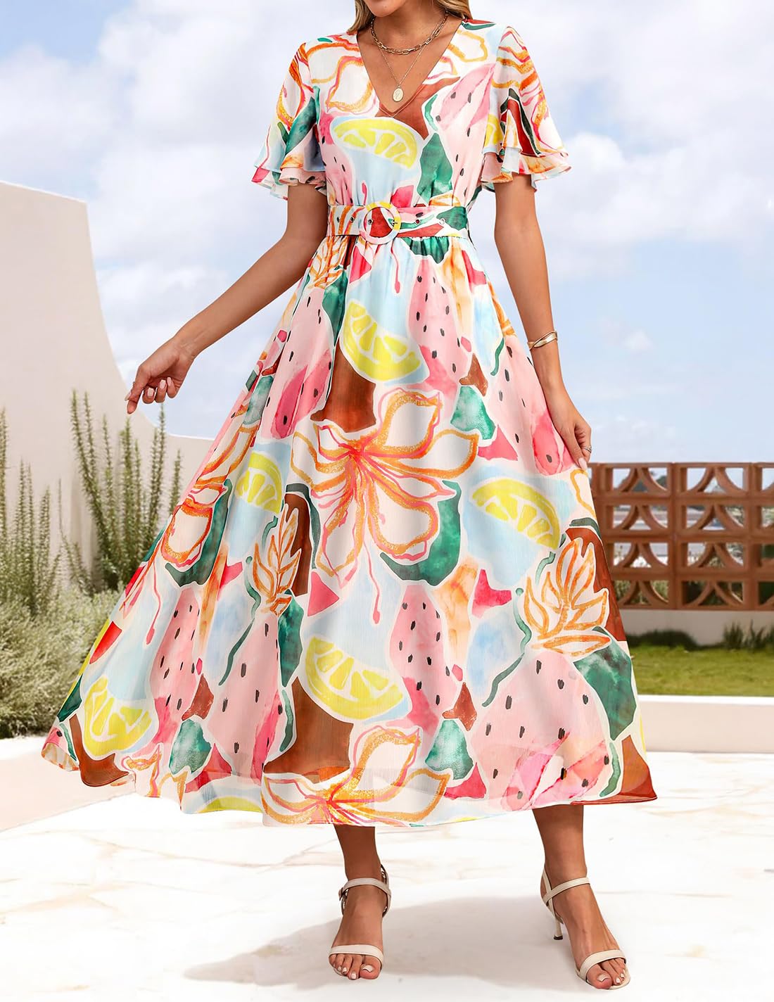 Foto 8 pulgar | Vestido Midi Zesica 2025 Con Estampado Floral De Verano, Cuello En V Y Cinturón Para Mujer - Venta Internacional.