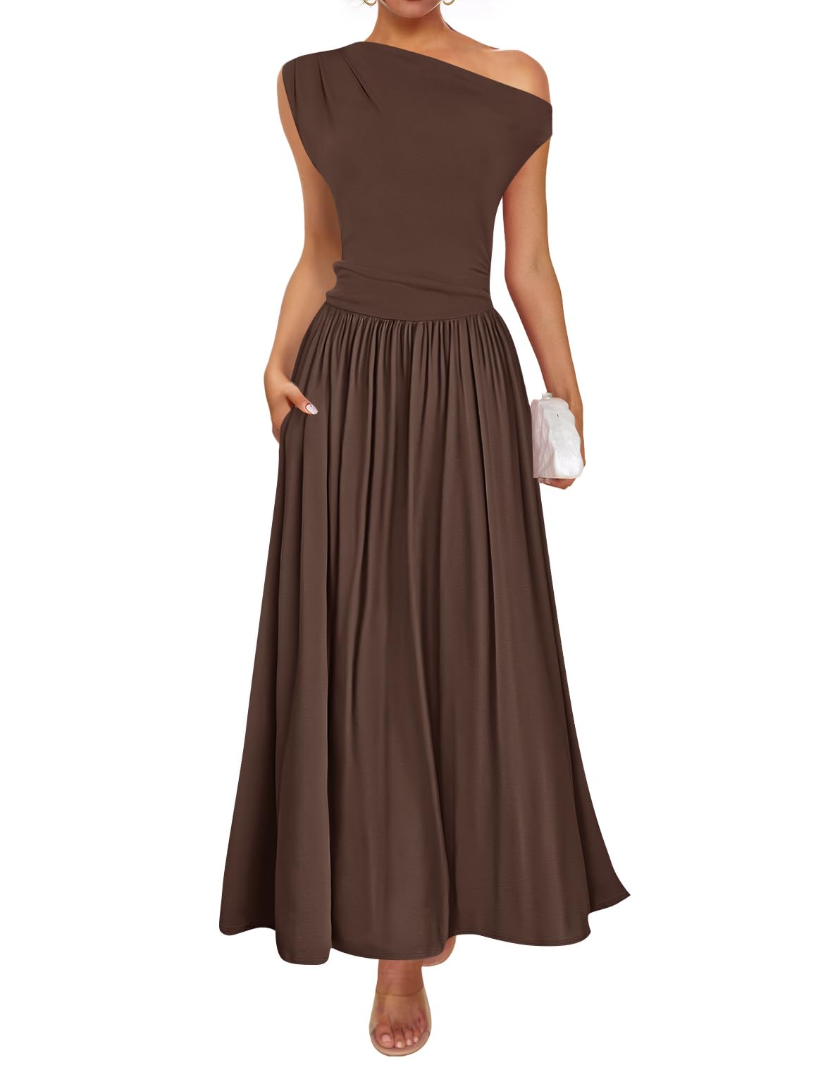 Foto 2 pulgar | Vestido Largo Zesica Summer 2025 Con Un Solo Hombro Marrón Para Mujer - Venta Internacional.