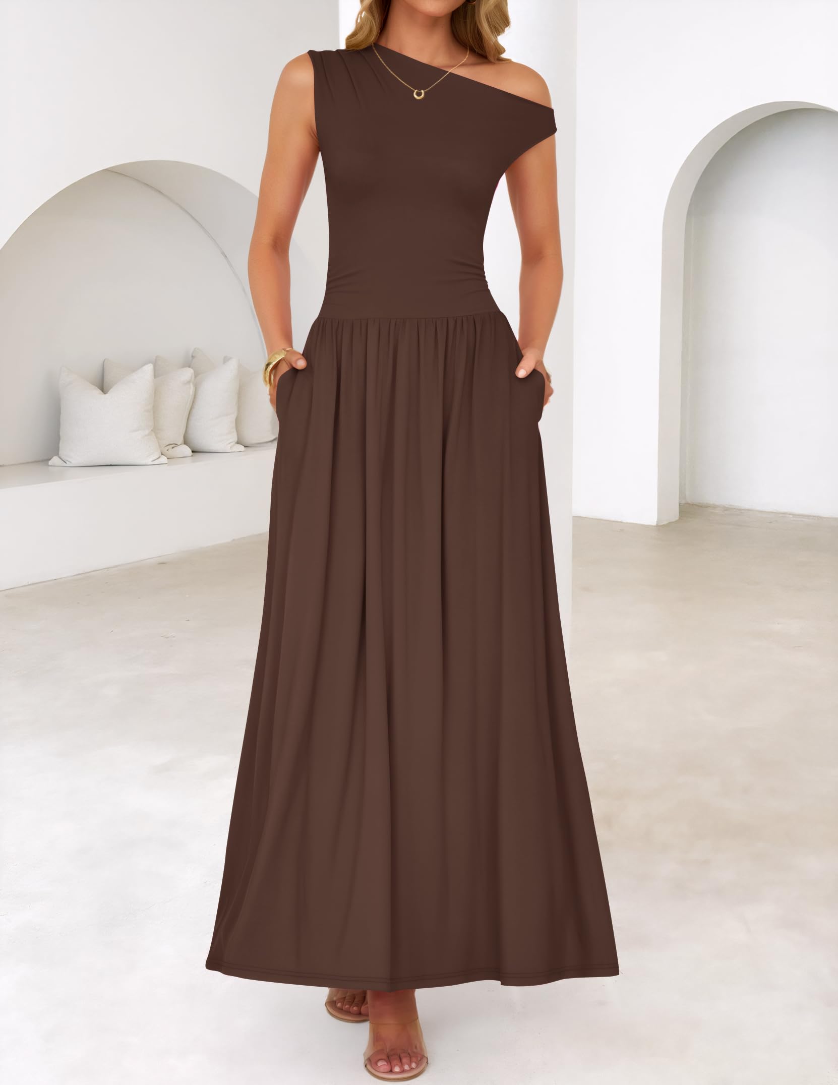 Foto 3 pulgar | Vestido Largo Zesica Summer 2025 Con Un Solo Hombro Marrón Para Mujer - Venta Internacional.