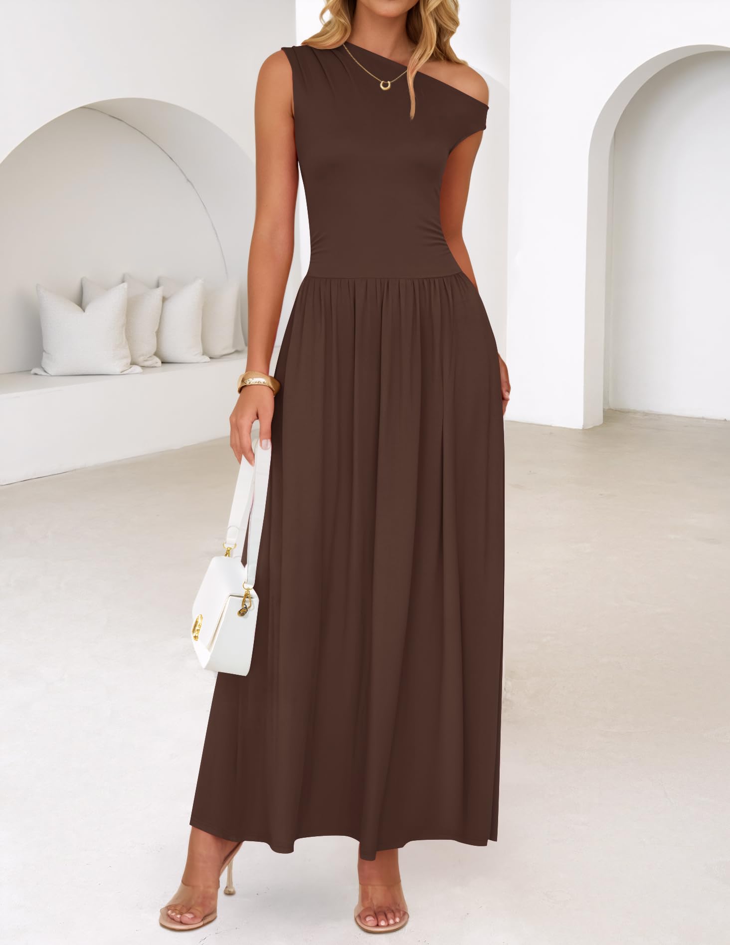 Foto 4 pulgar | Vestido Largo Zesica Summer 2025 Con Un Solo Hombro Marrón Para Mujer - Venta Internacional.