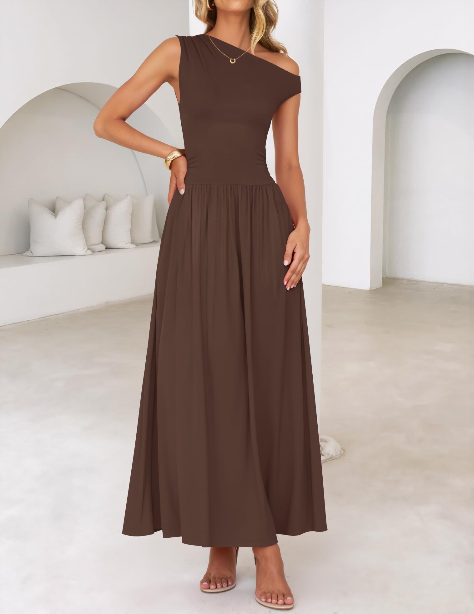 Foto 7 pulgar | Vestido Largo Zesica Summer 2025 Con Un Solo Hombro Marrón Para Mujer - Venta Internacional.