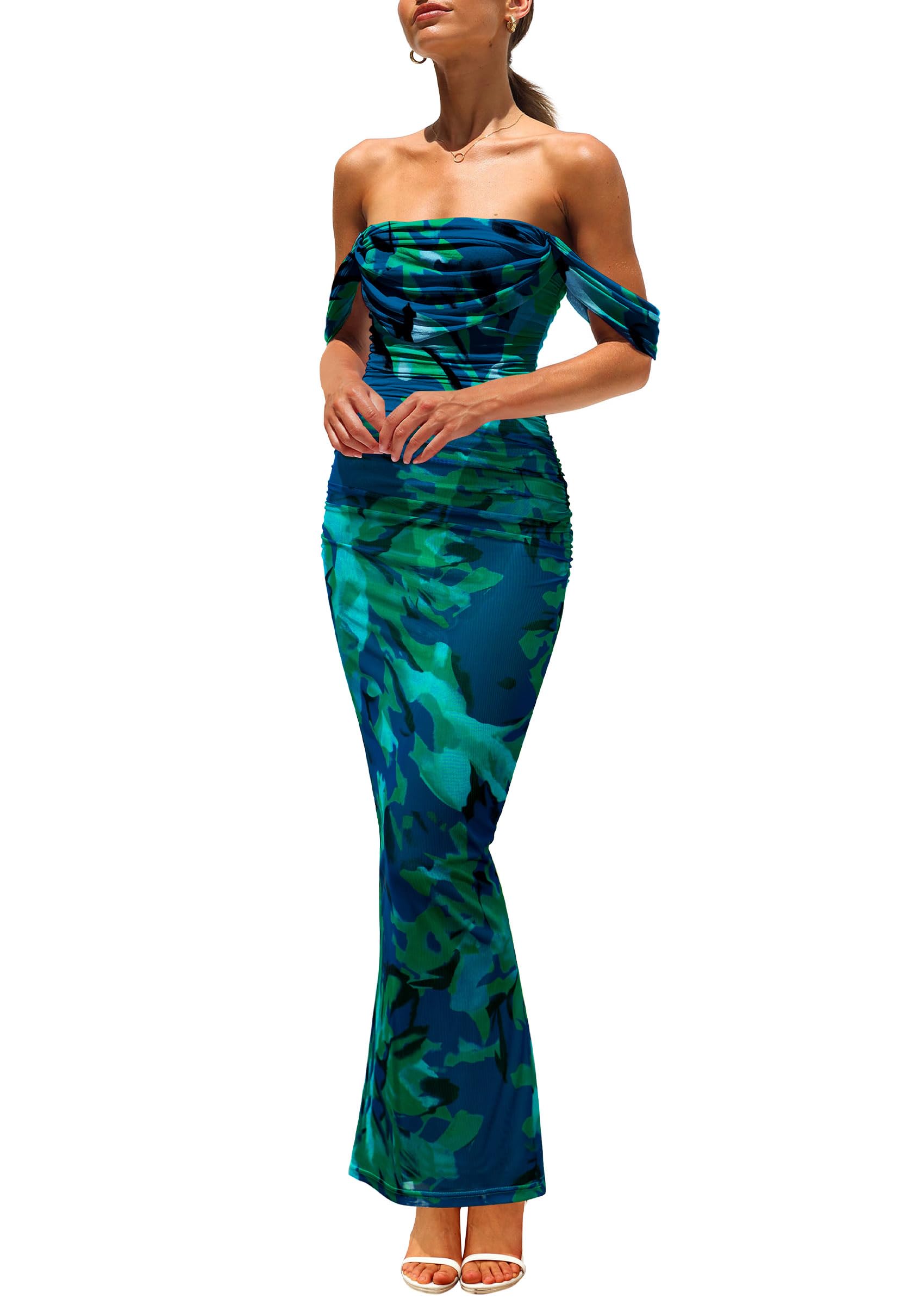 Foto 1 | Vestido Largo Prettygarden Para Mujer, Ajustado Fruncido, Verde Y Floral - Venta Internacional.