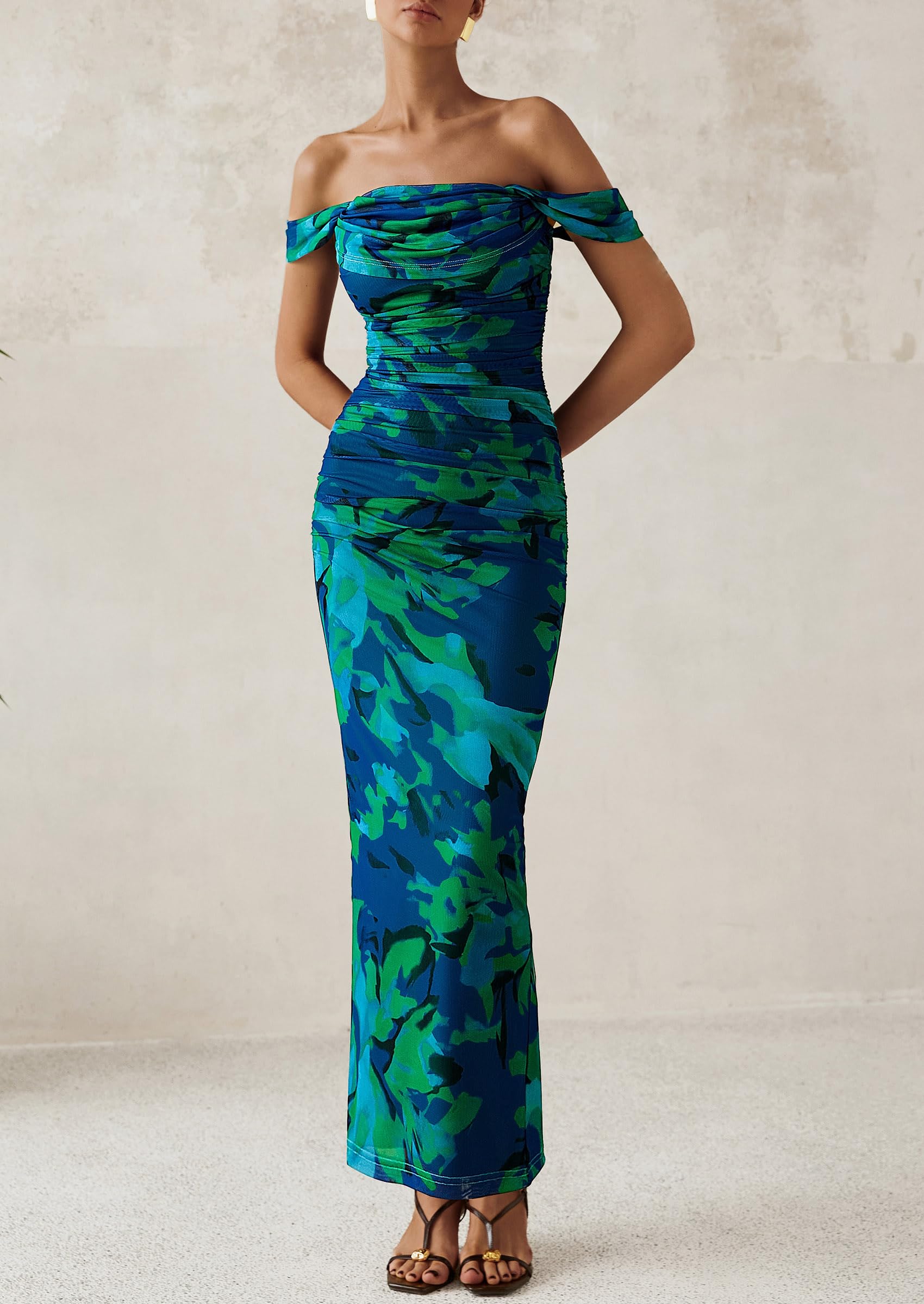 Foto 6 pulgar | Vestido Largo Prettygarden Para Mujer, Ajustado Fruncido, Verde Y Floral - Venta Internacional.