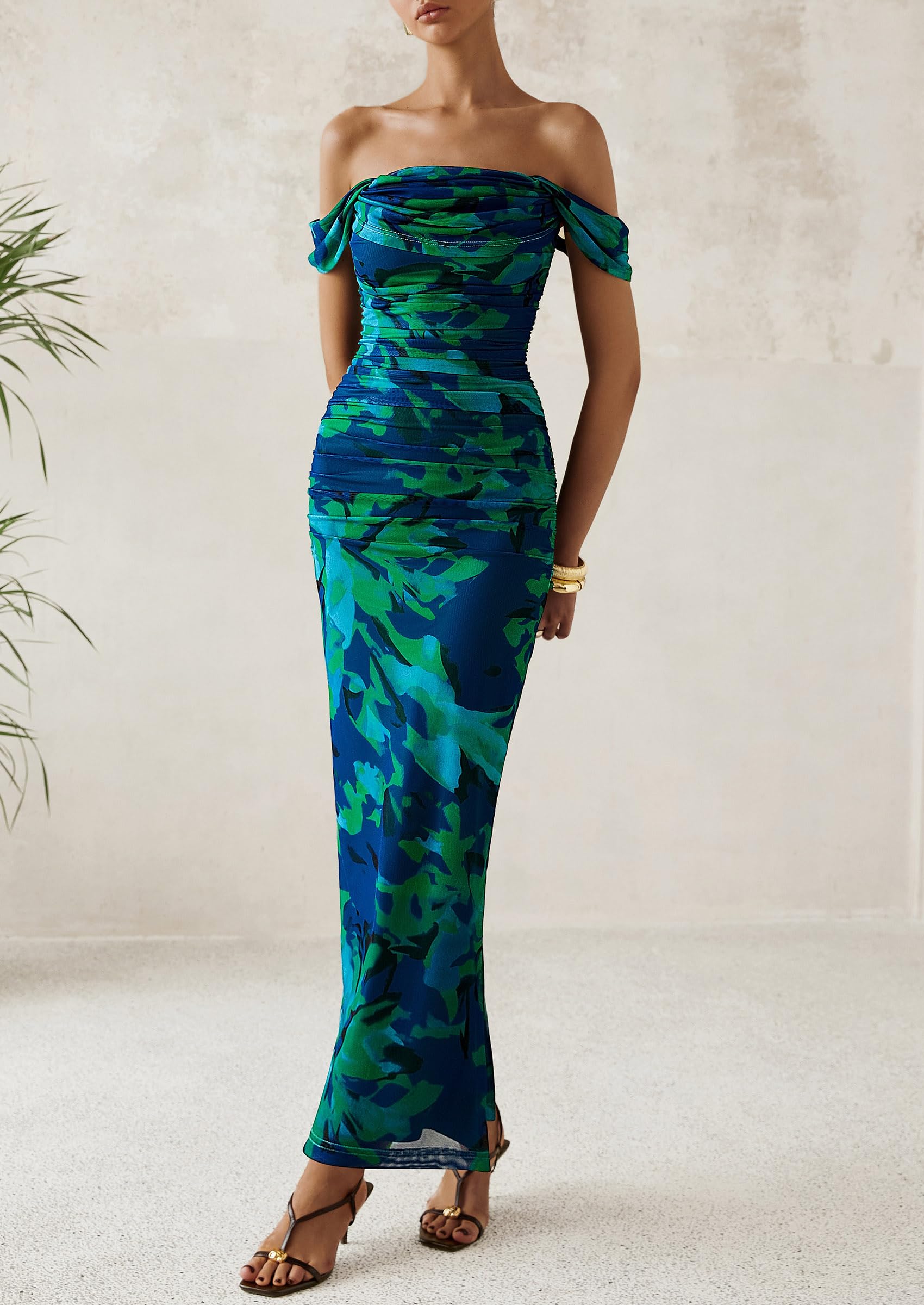 Foto 7 | Vestido Largo Prettygarden Para Mujer, Ajustado Fruncido, Verde Y Floral - Venta Internacional.