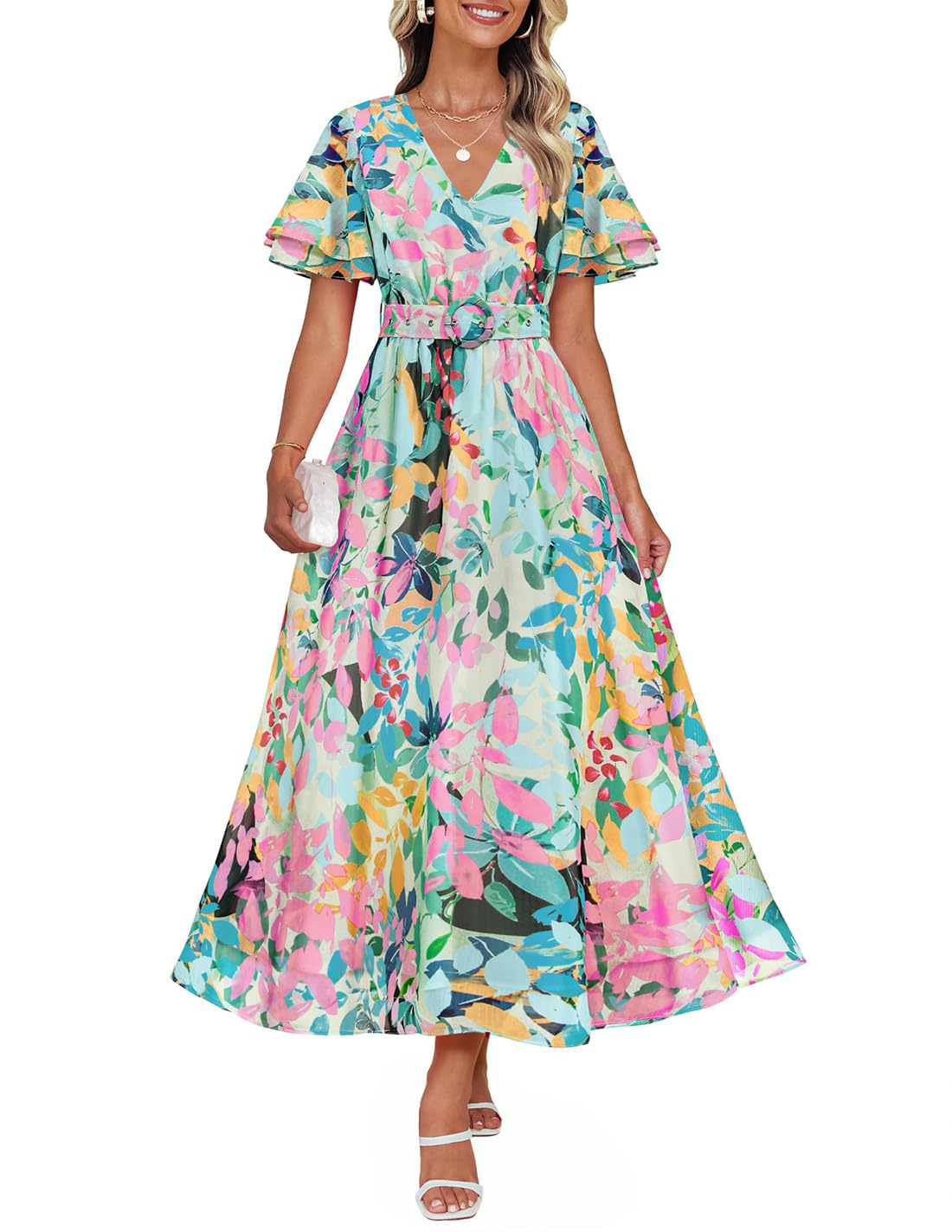 Foto 2 pulgar | Vestido Zesica Para Mujer 2025, Estampado Floral, Cuello En V, Midi, Verde - Venta Internacional.