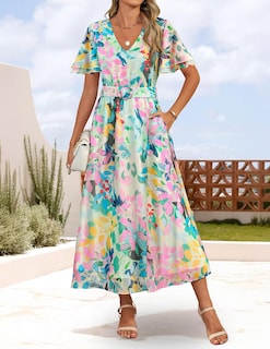 Foto 2 | Vestido Zesica Para Mujer 2025, Estampado Floral, Cuello En V, Midi, Verde - Venta Internacional.