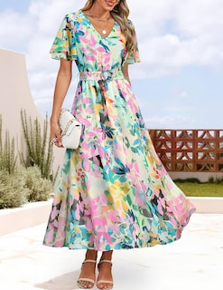 Foto 3 | Vestido Zesica Para Mujer 2025, Estampado Floral, Cuello En V, Midi, Verde - Venta Internacional.