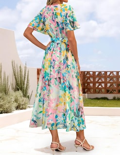 Foto 4 | Vestido Zesica Para Mujer 2025, Estampado Floral, Cuello En V, Midi, Verde - Venta Internacional.