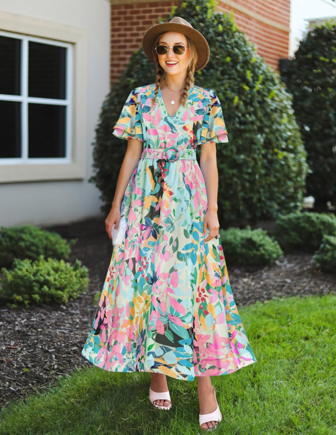 Foto 6 pulgar | Vestido Zesica Para Mujer 2025, Estampado Floral, Cuello En V, Midi, Verde - Venta Internacional.
