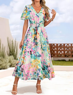 Foto 7 | Vestido Zesica Para Mujer 2025, Estampado Floral, Cuello En V, Midi, Verde - Venta Internacional.