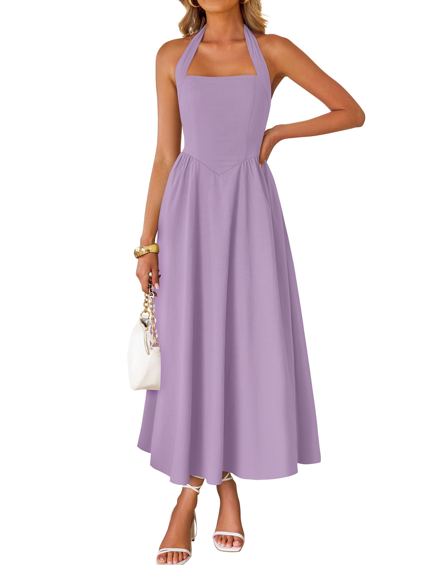 Foto 2 pulgar | Vestido De Verano Zesica, Sin Mangas, Halter, Midi, Morado Claro, Para Mujer - Venta Internacional.
