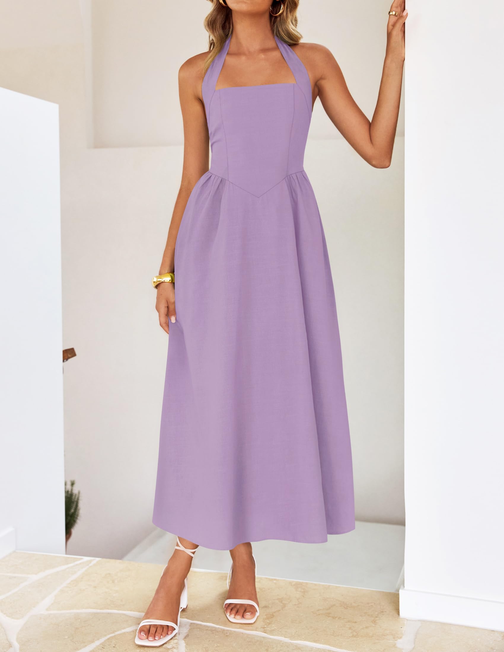 Foto 7 pulgar | Vestido De Verano Zesica, Sin Mangas, Halter, Midi, Morado Claro, Para Mujer - Venta Internacional.