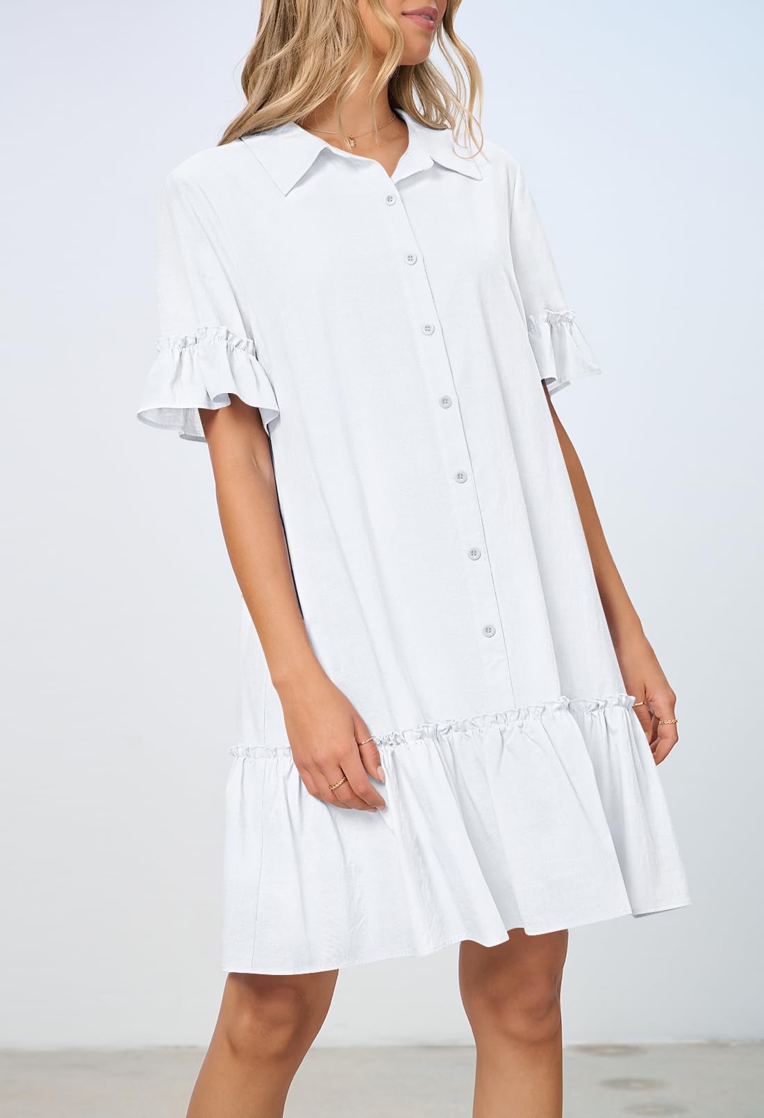 Foto 3 pulgar | Vestido Camisero Merokeety De Verano Con Botones Y Volantes Blancos Para Mujer - Venta Internacional.