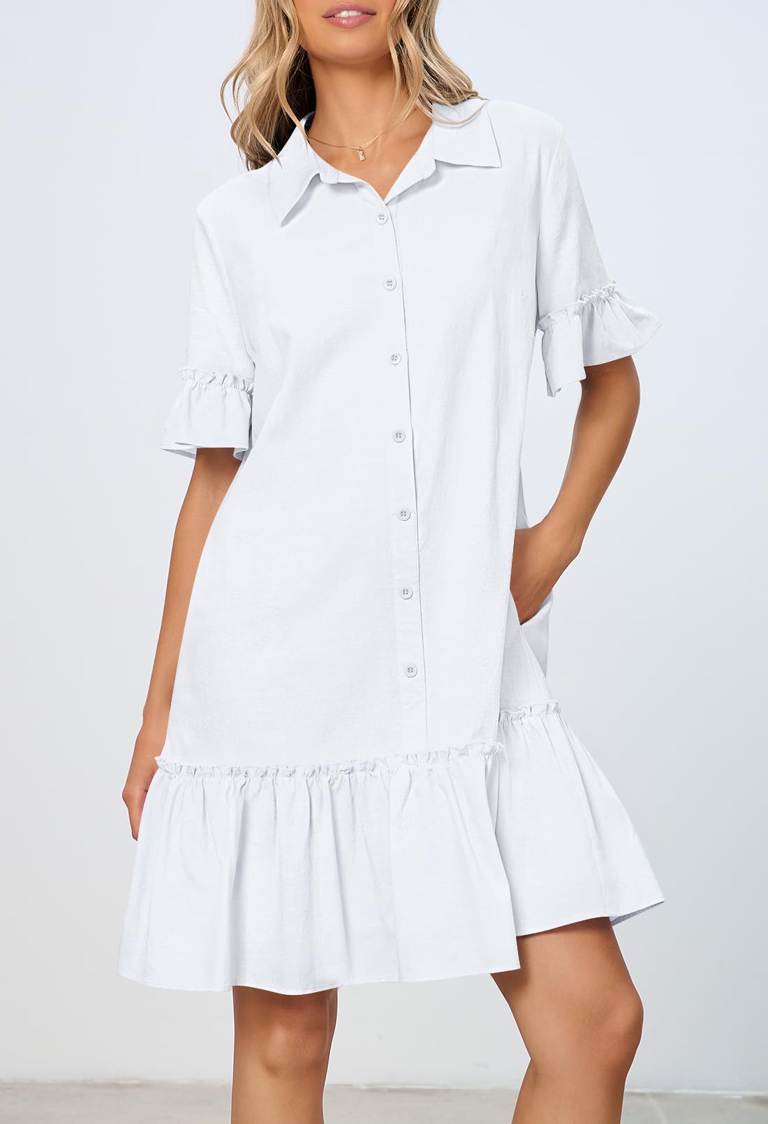 Foto 3 | Vestido Camisero Merokeety De Verano Con Botones Y Volantes Blancos Para Mujer - Venta Internacional.