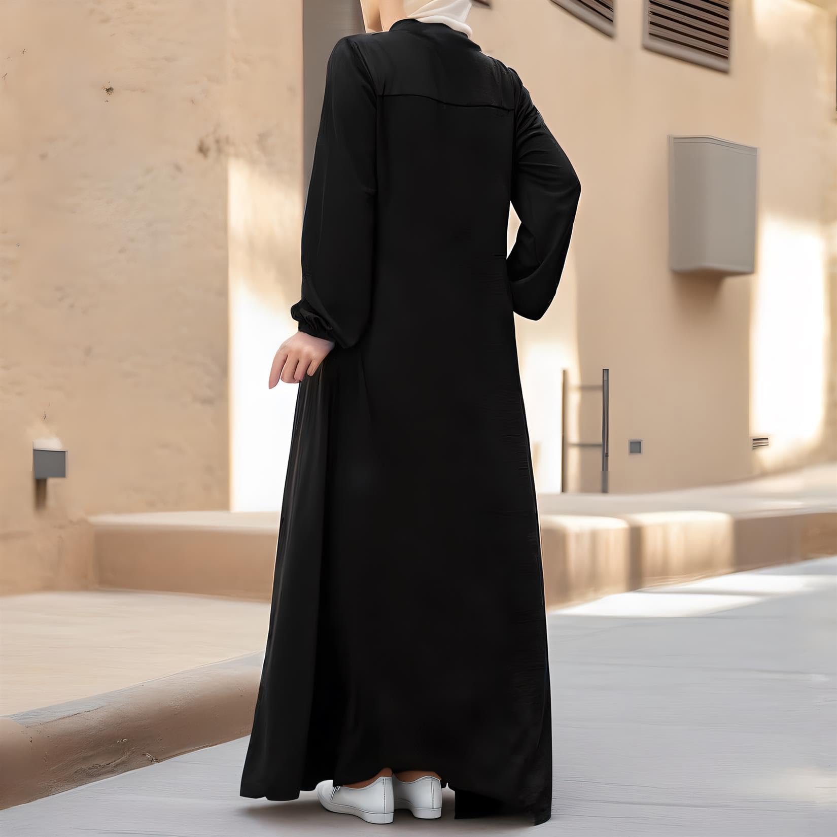 Foto 3 pulgar | Vestido Abaya Para Mujer Musulmana, Manga Larga, Cierre Frontal, Negro - Venta Internacional.