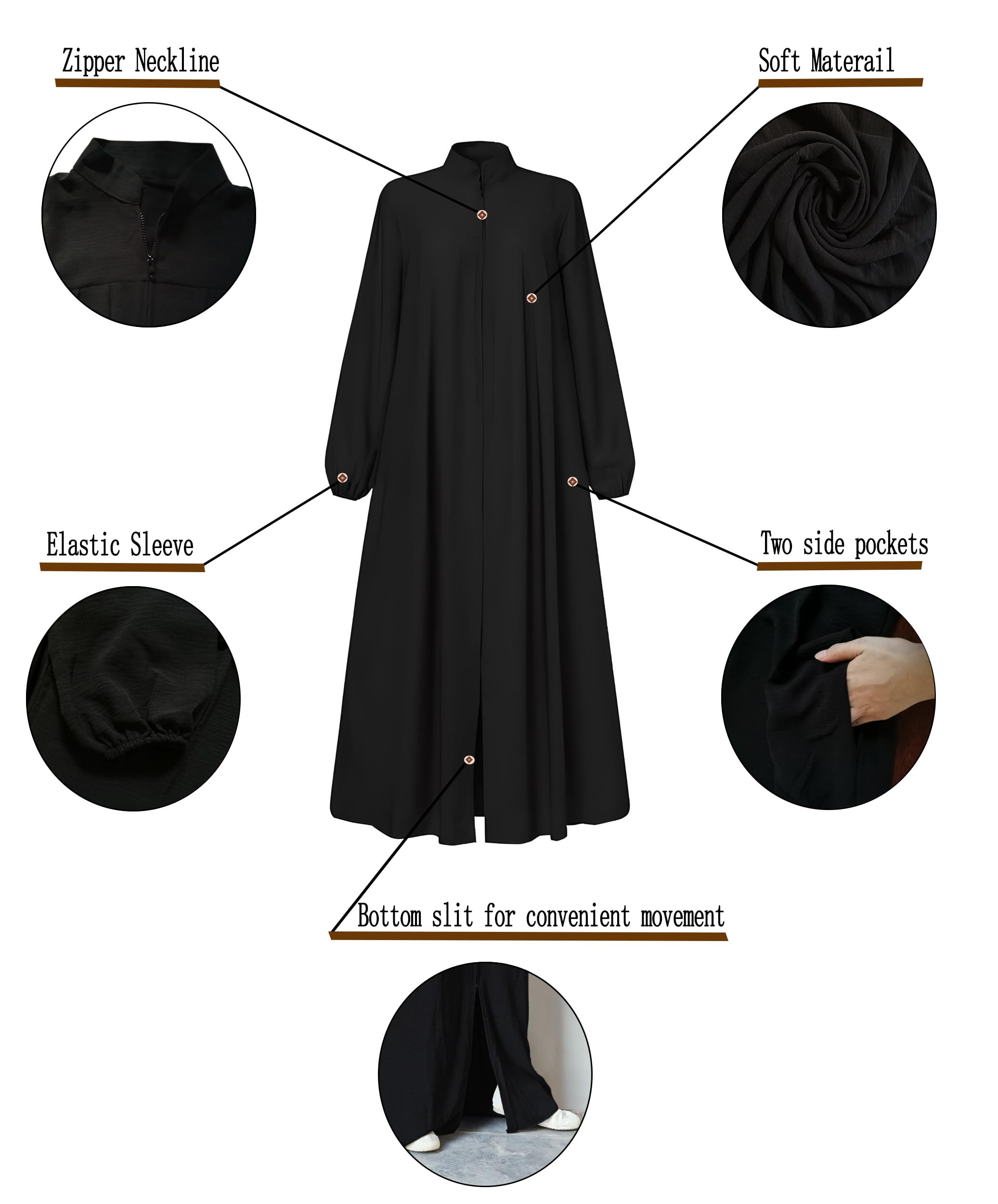 Foto 5 pulgar | Vestido Abaya Para Mujer Musulmana, Manga Larga, Cierre Frontal, Negro - Venta Internacional.