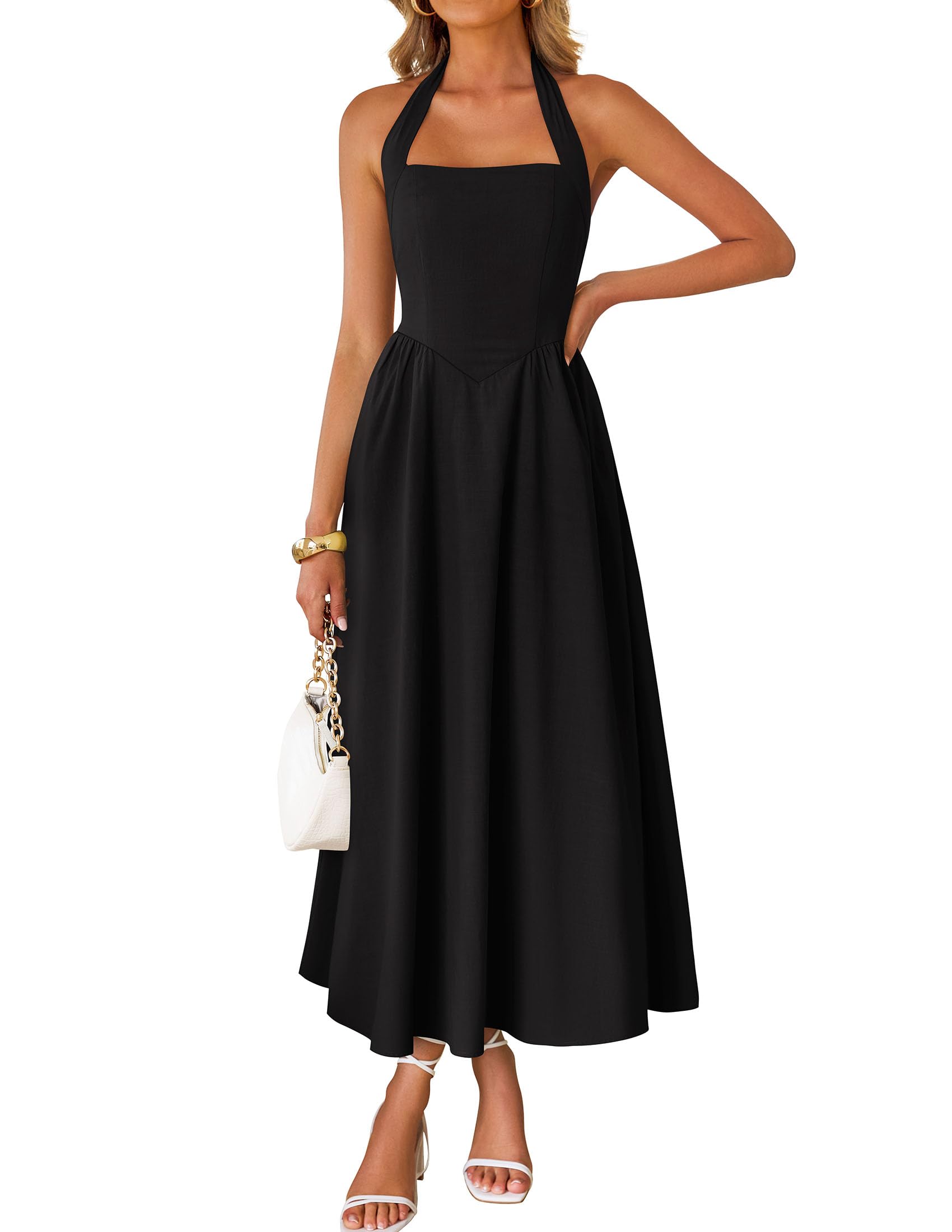 Vestido Zesica De Verano Sin Mangas, Halter, Midi, Negro, Para Mujer - Venta Internacional.