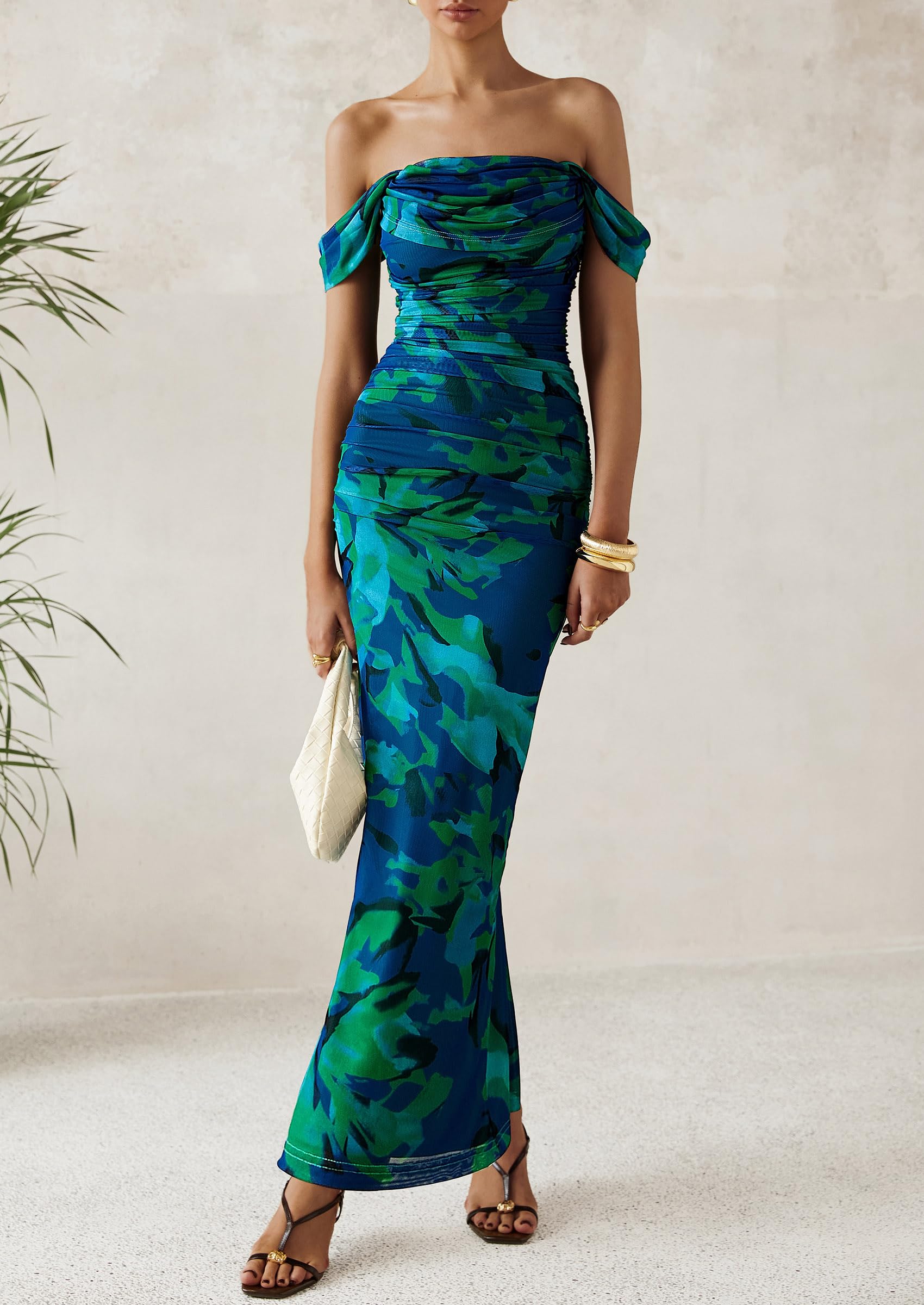 Foto 4 pulgar | Vestido Largo Prettygarden Para Mujer, Ajustado Fruncido, Verde Y Floral - Venta Internacional.