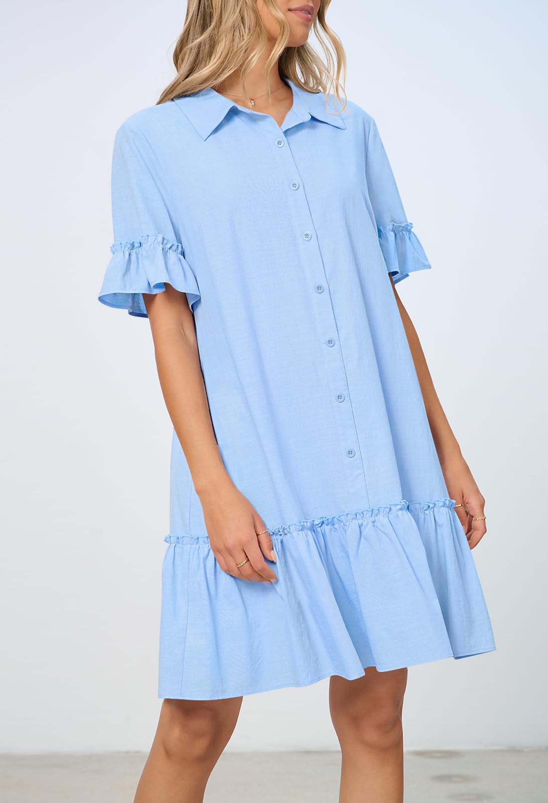 Foto 3 pulgar | Vestido Camisero Merokeety De Verano Con Botones Y Volantes Azules Para Mujer - Venta Internacional.