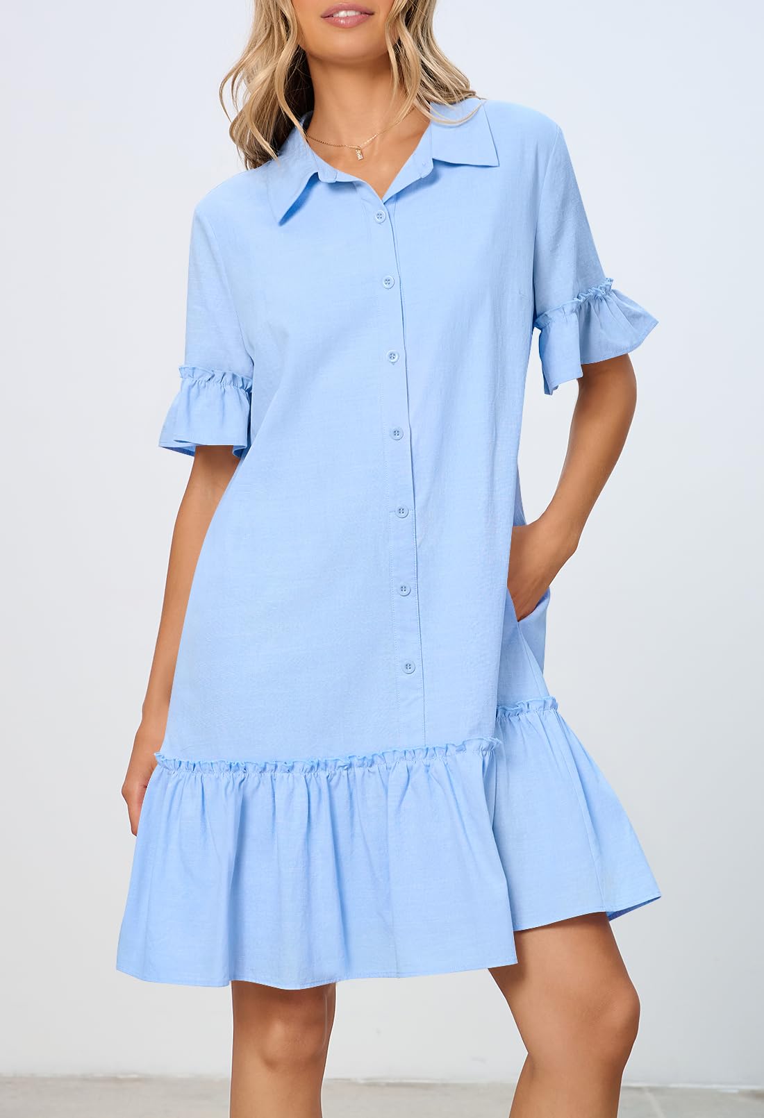 Foto 4 pulgar | Vestido Camisero Merokeety De Verano Con Botones Y Volantes Azules Para Mujer - Venta Internacional.