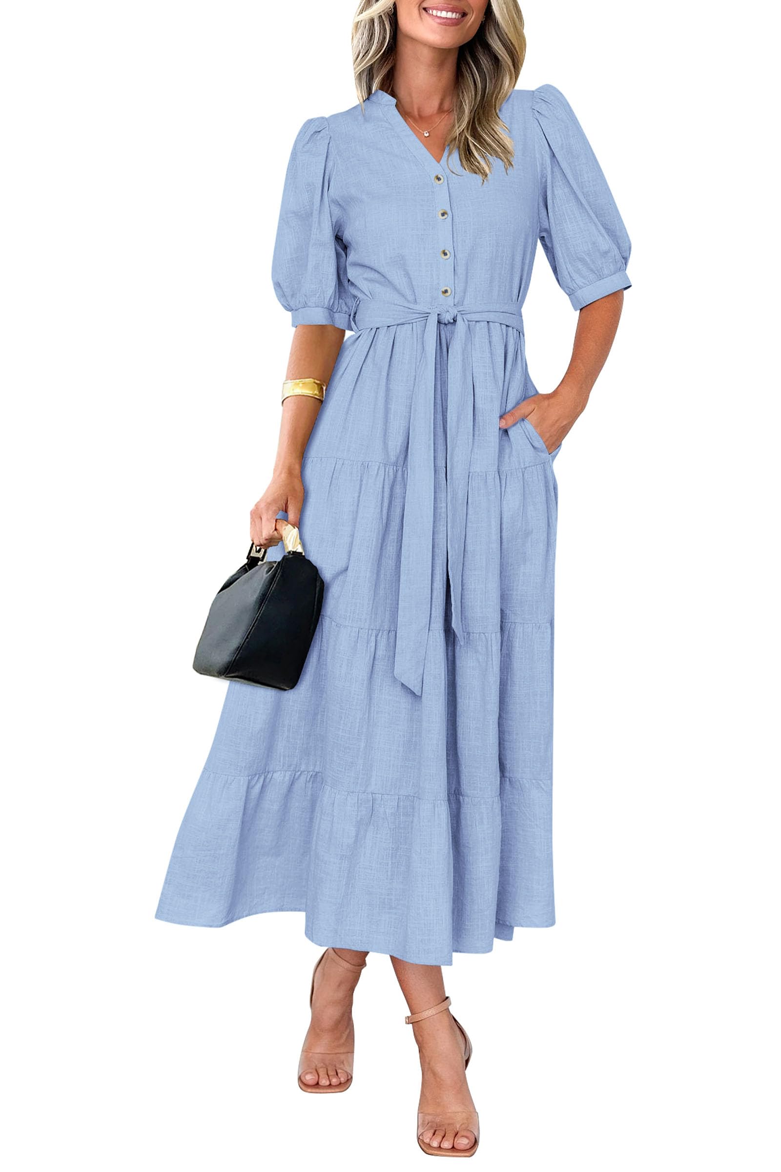 Foto 4 pulgar | Vestido Midi Prettygarden Para Mujer, Verano 2025, Cuello En V Con Bolsillos - Venta Internacional.
