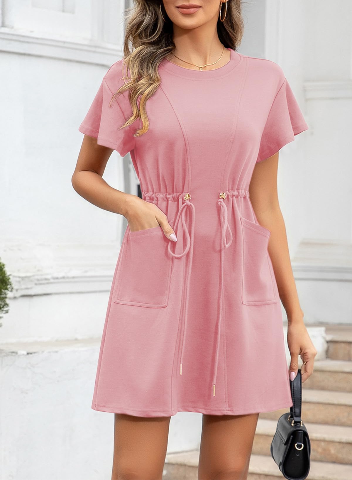 Foto 3 pulgar | Vestido Evaless Fashion Con Volantes, Manga Corta, Cintura Elástica, Rosa - Venta Internacional.