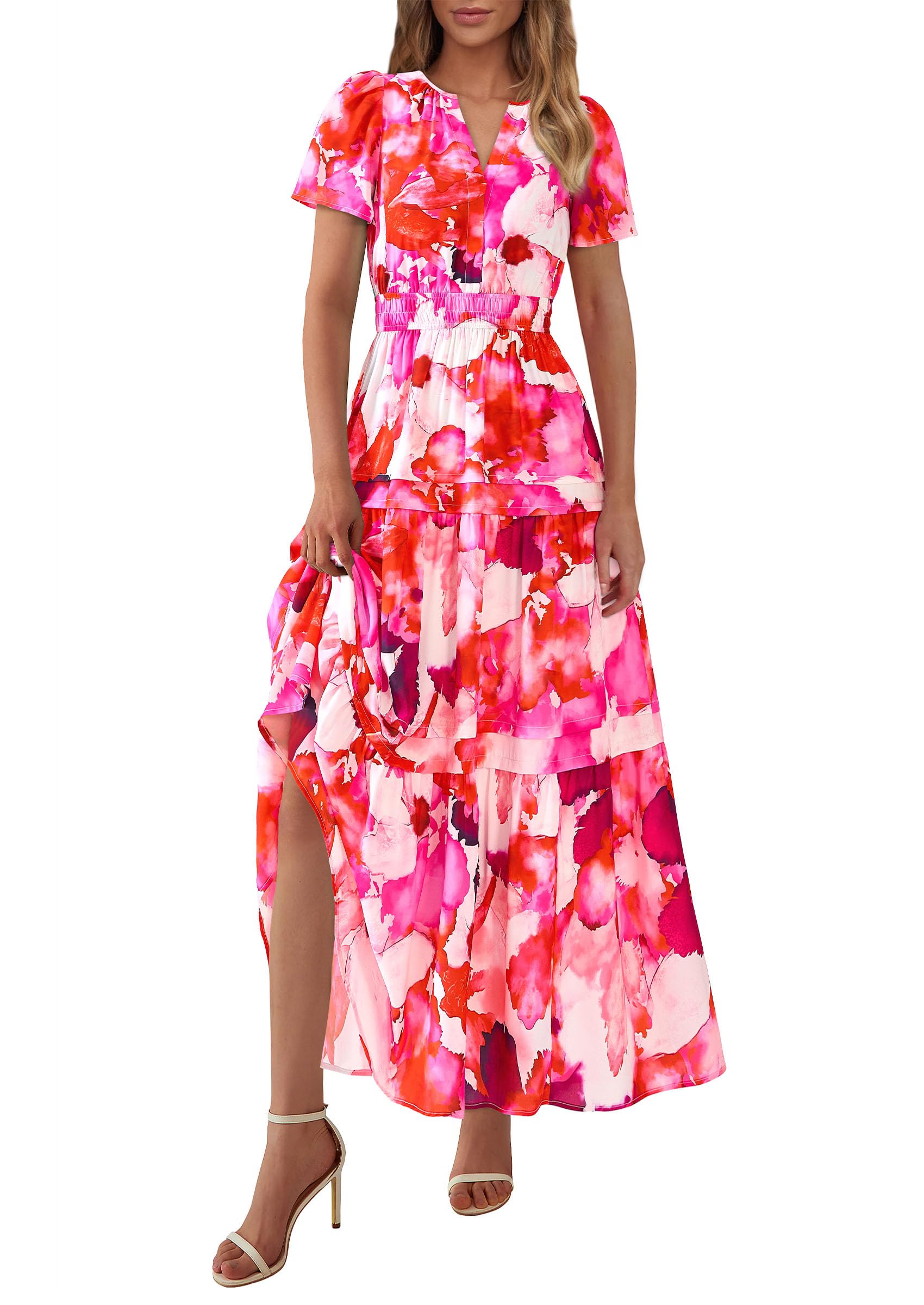 Foto 2 pulgar | Vestido Largo Prettygarden Para Mujer, Bohemio, Estampado Floral, Rojo - Venta Internacional.