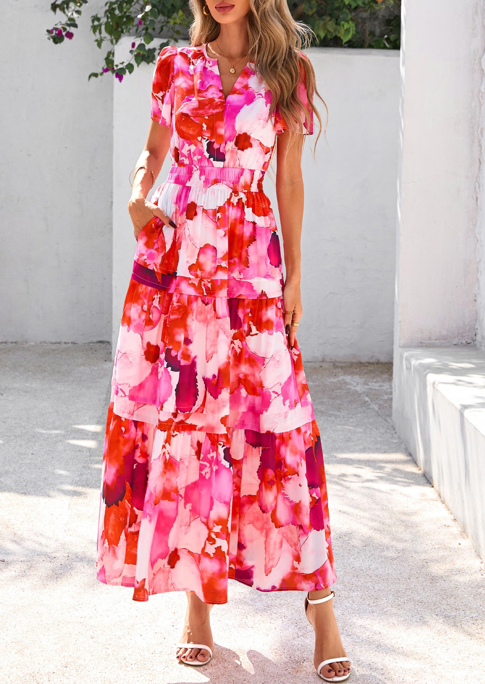 Foto 4 pulgar | Vestido Largo Prettygarden Para Mujer, Bohemio, Estampado Floral, Rojo - Venta Internacional.