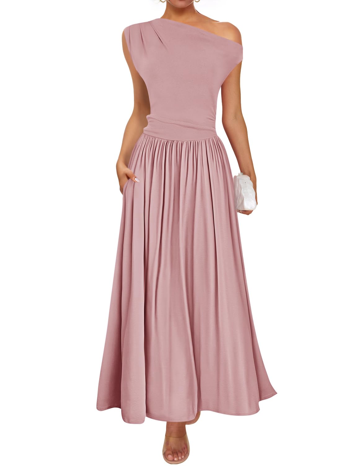 Foto 2 pulgar | Vestido Largo Zesica Summer 2025 Con Un Solo Hombro, Casual, Rosa - Venta Internacional.