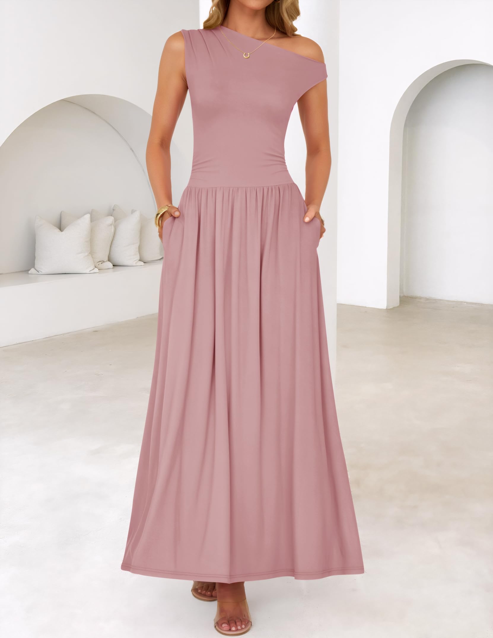 Foto 3 pulgar | Vestido Largo Zesica Summer 2025 Con Un Solo Hombro, Casual, Rosa - Venta Internacional.